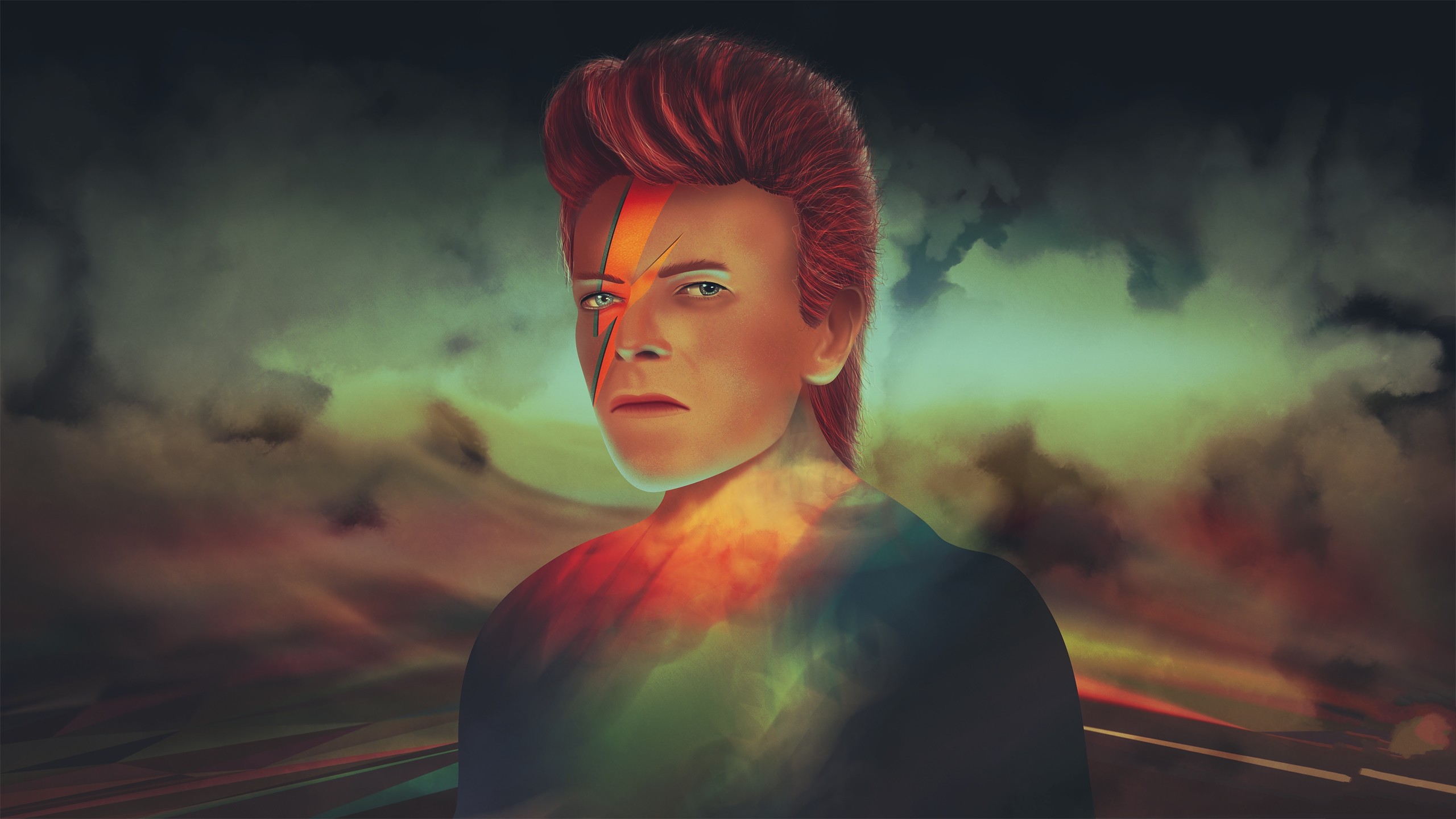 David Bowie, Aladdin Sane, Saetta, Arte digitale, Nuvole, 2K, sfondo per PC e portatile