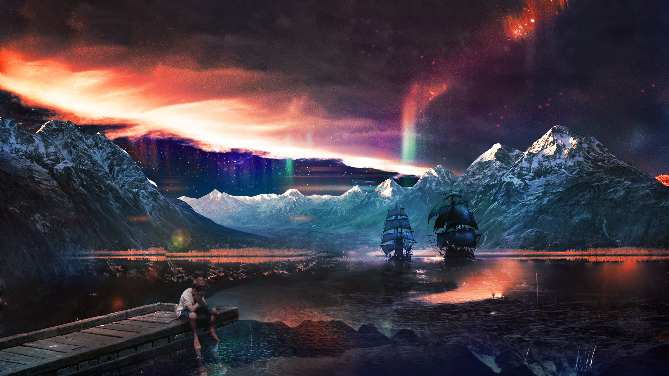 Aurora, Galeoni, Montagne innevate, Lago, Arte fantasy, 2K, sfondo per PC
