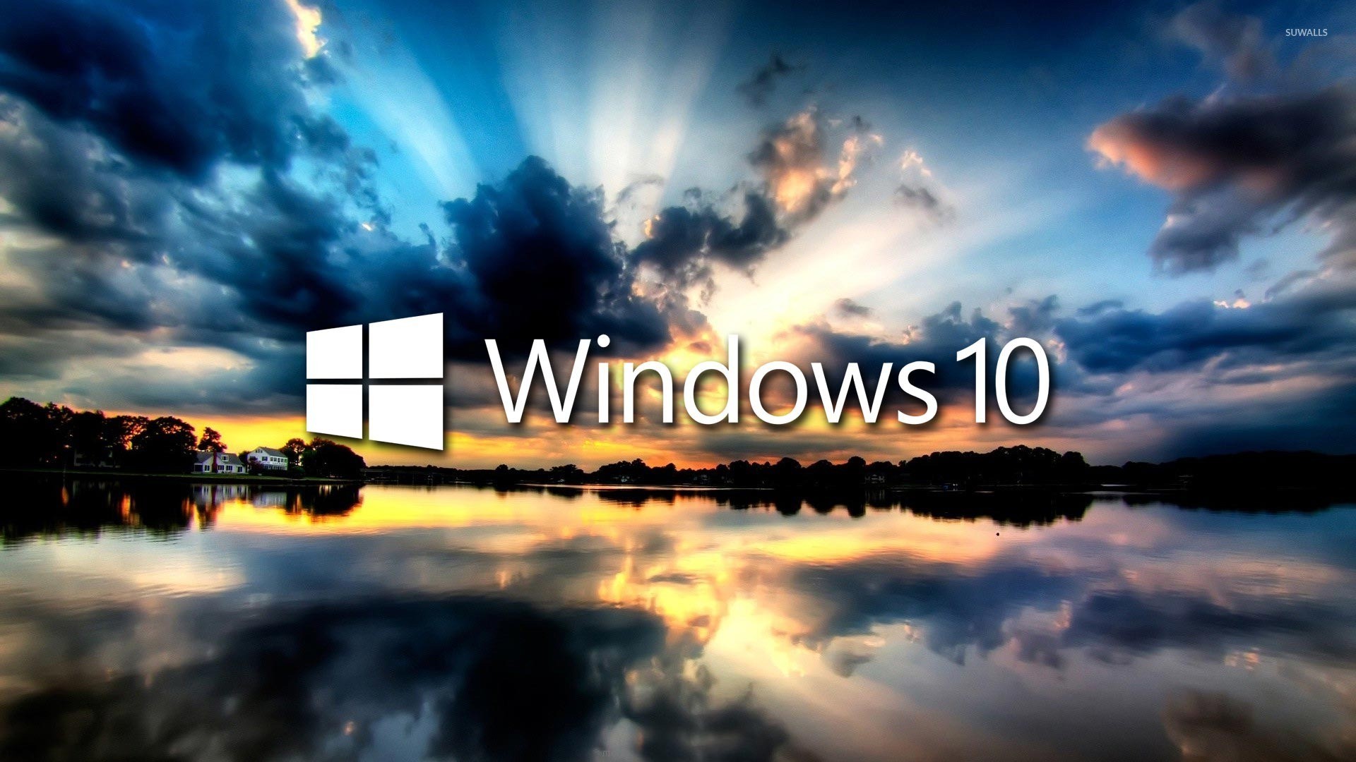 Windows 10, Logo Windows, Lago, Nuvole, Riflesso, Full HD, sfondo per PC e portatile