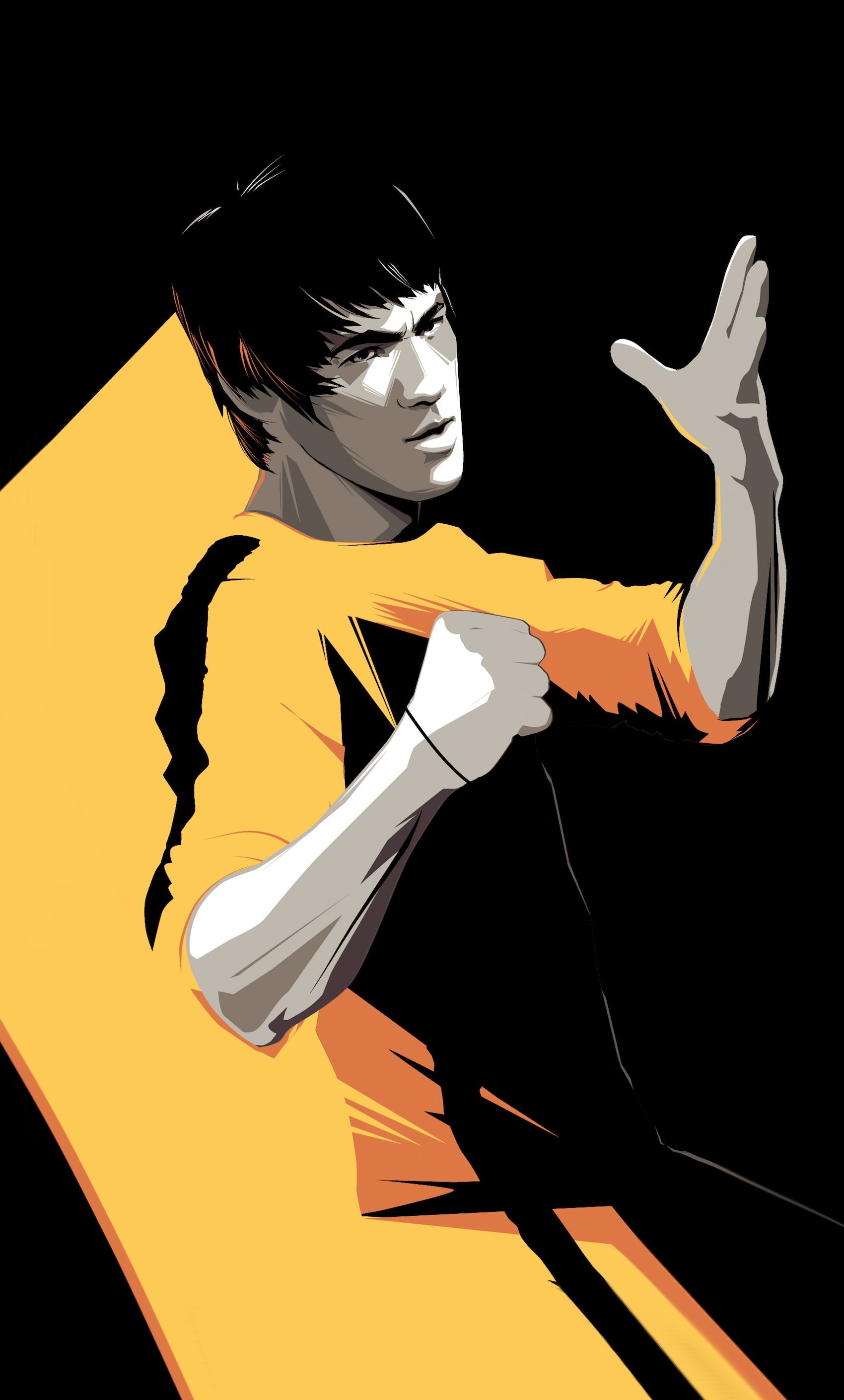 Bruce Lee, Tuta gialla, Illustrazione, Arti marziali, QHD+, schermata di blocco del cellulare