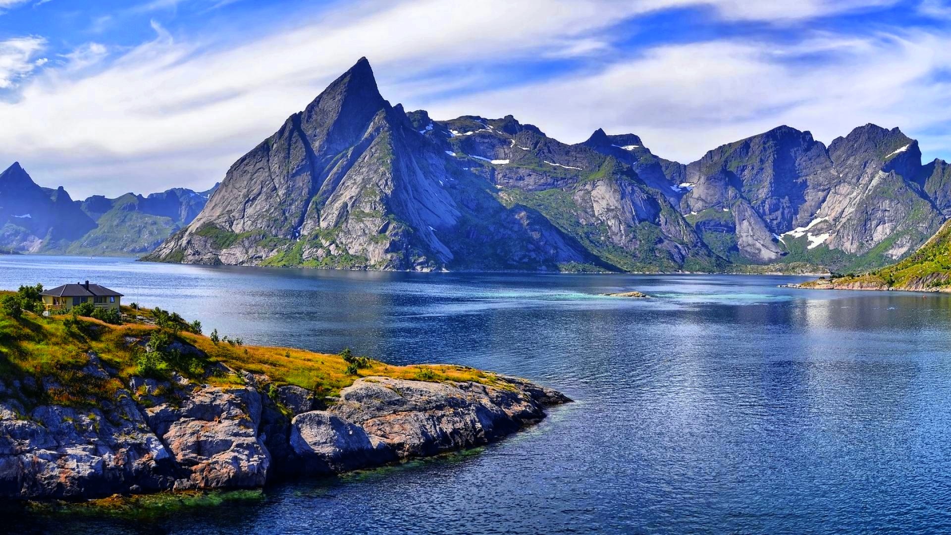 Isole Lofoten, Norvegia, Fiordo, Montagne, Cielo azzurro, Full HD, sfondo per il tuo desktop
