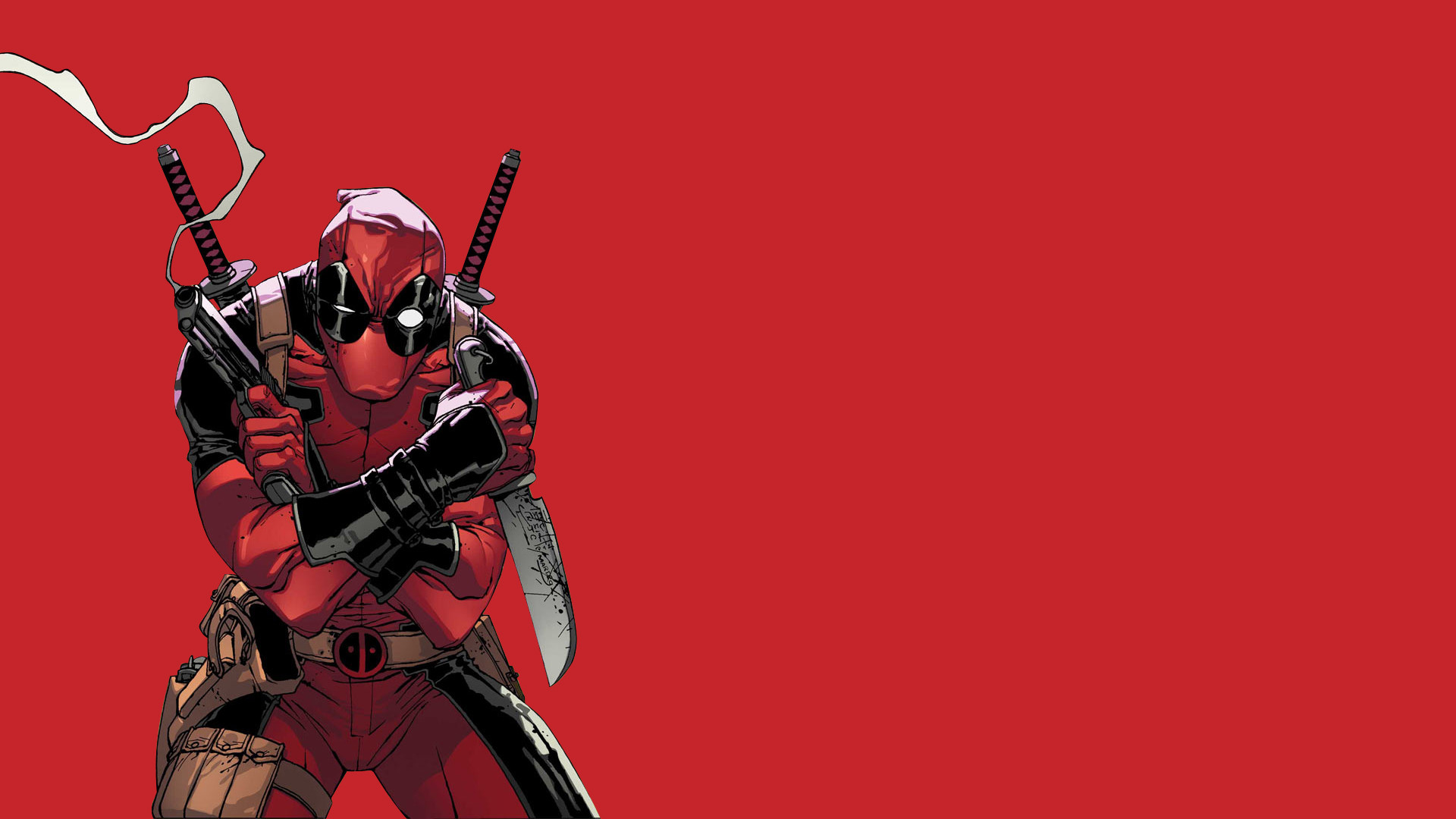 Deadpool, Coltelli, Fumetto, Sfondo rosso, 16:9 Full HD, wallpaper widescreen