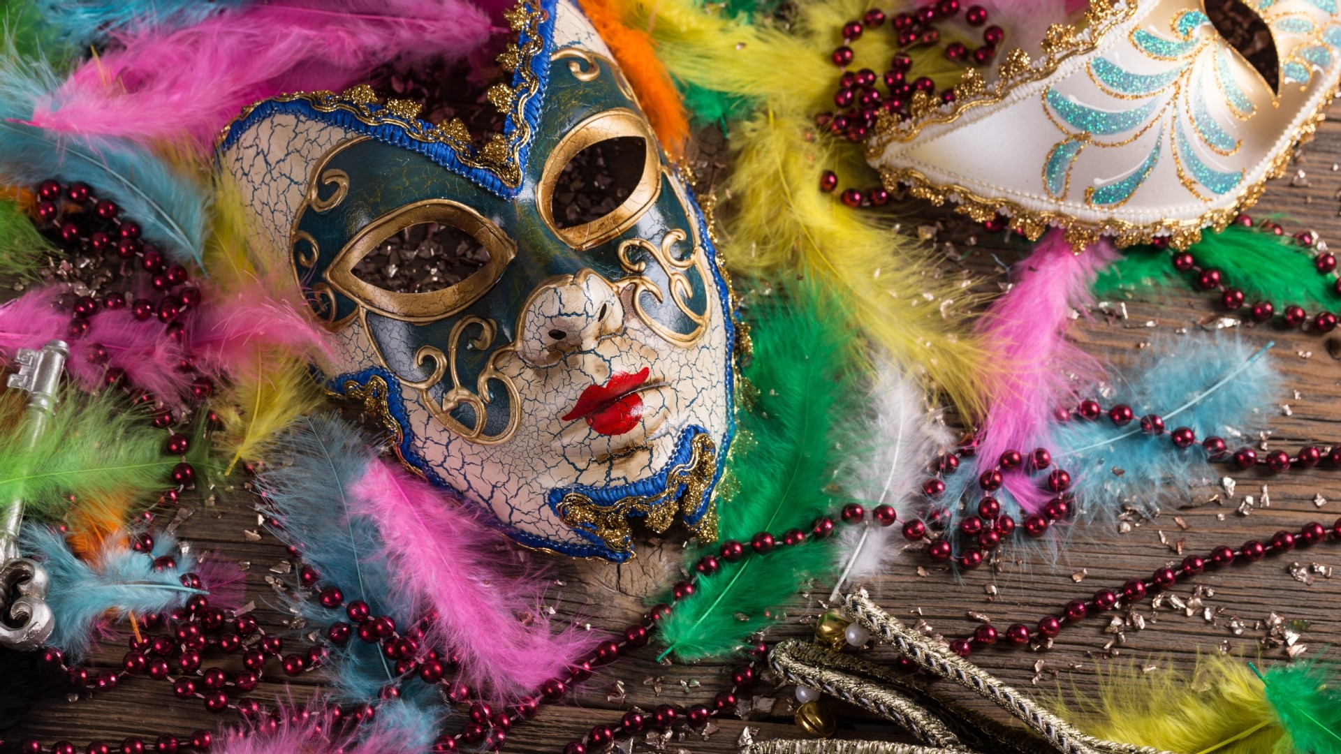 Carnevale di Venezia, Maschere veneziane, Piume colorate, Perline, sfondo Windows 11