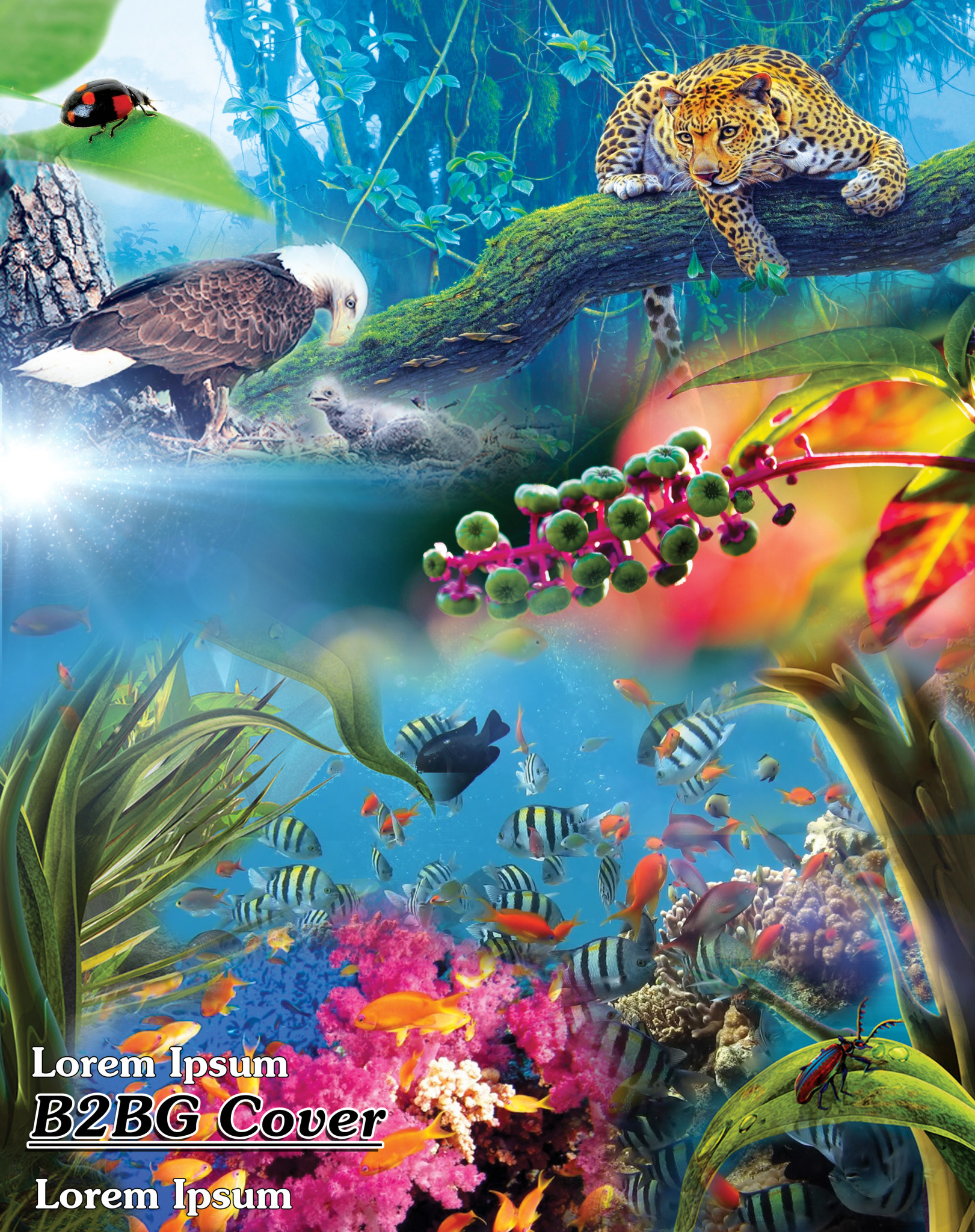 Collage, Giaguaro, Barriera corallina, Pesci tropicali, Uccelli, Natura, schermata di blocco iPad