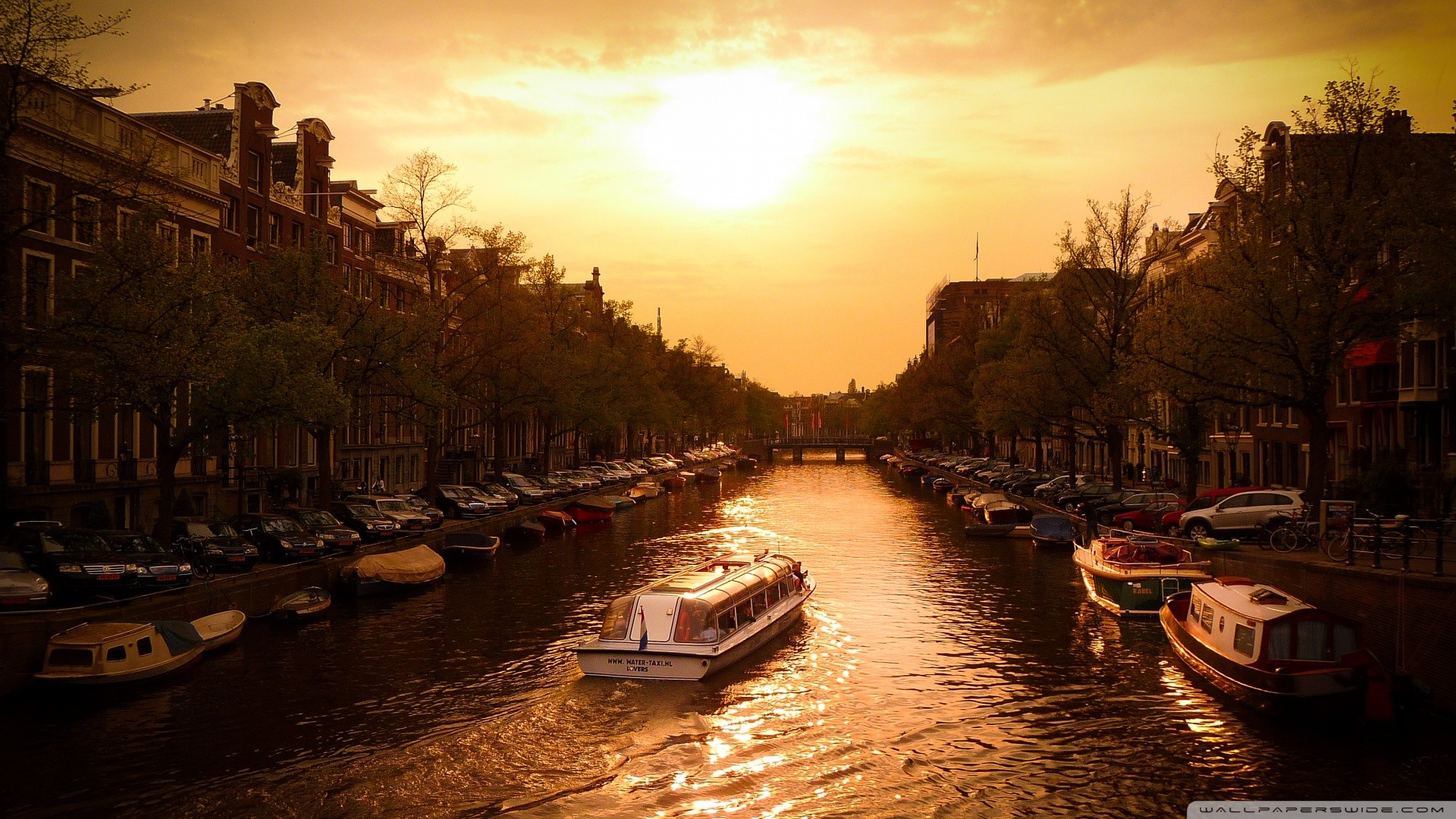 Amsterdam, Canale, Battello, Tramonto, Controluce, Full HD, sfondo per PC