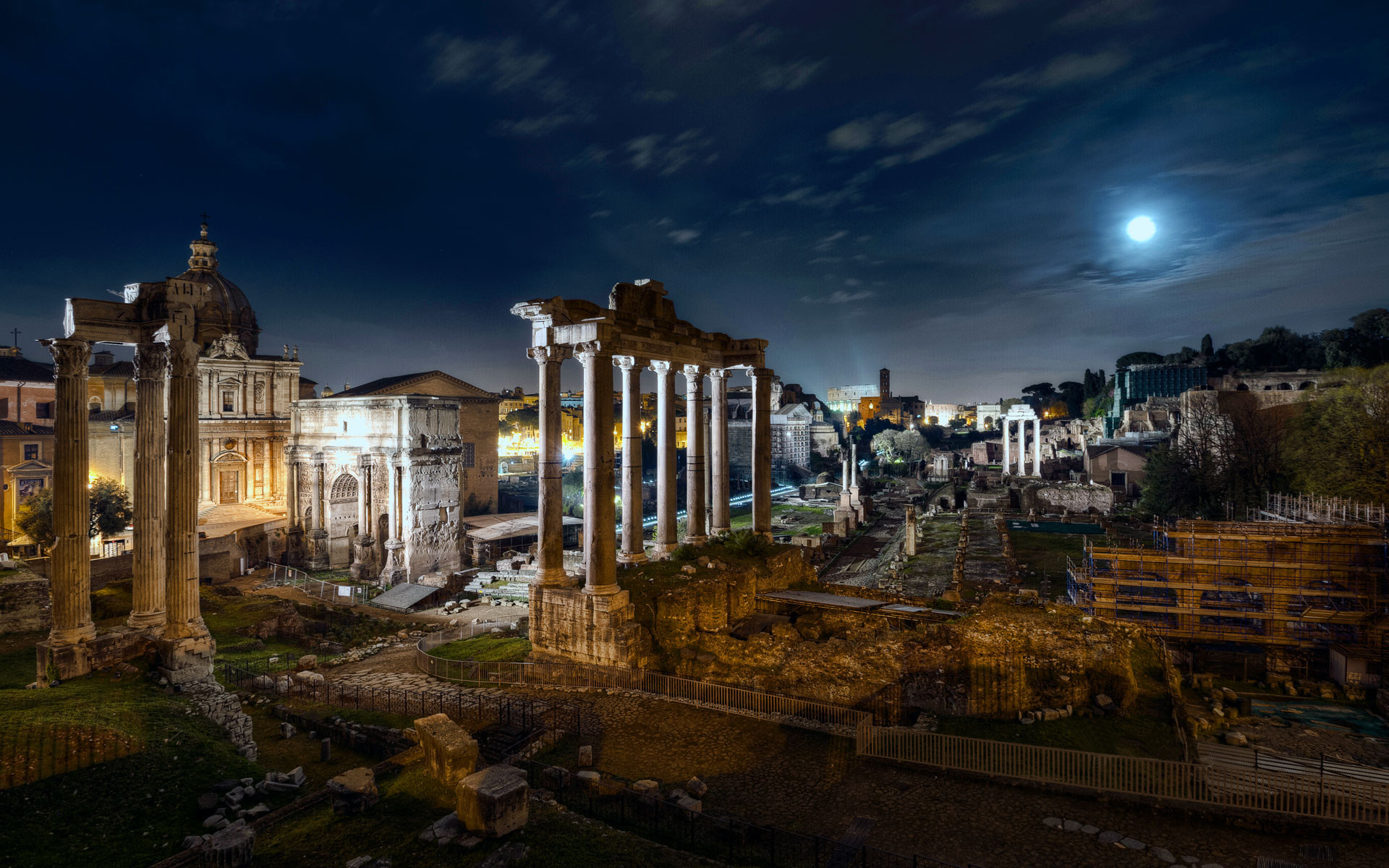 Foro Romano, Tempio di Saturno, Roma, Notte, Luna, 16:10 Full HD, sfondo widescreen