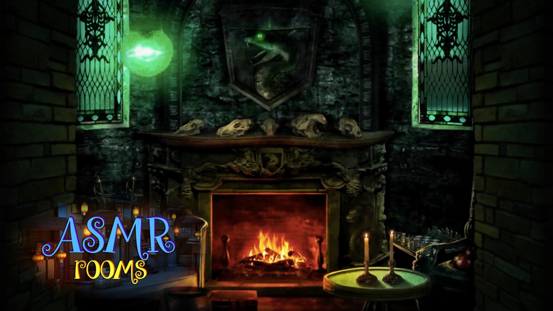 Sala comune di Serpeverde, Serpeverde, Harry Potter, ASMR, Camino, Luci verdi, sfondo per PC