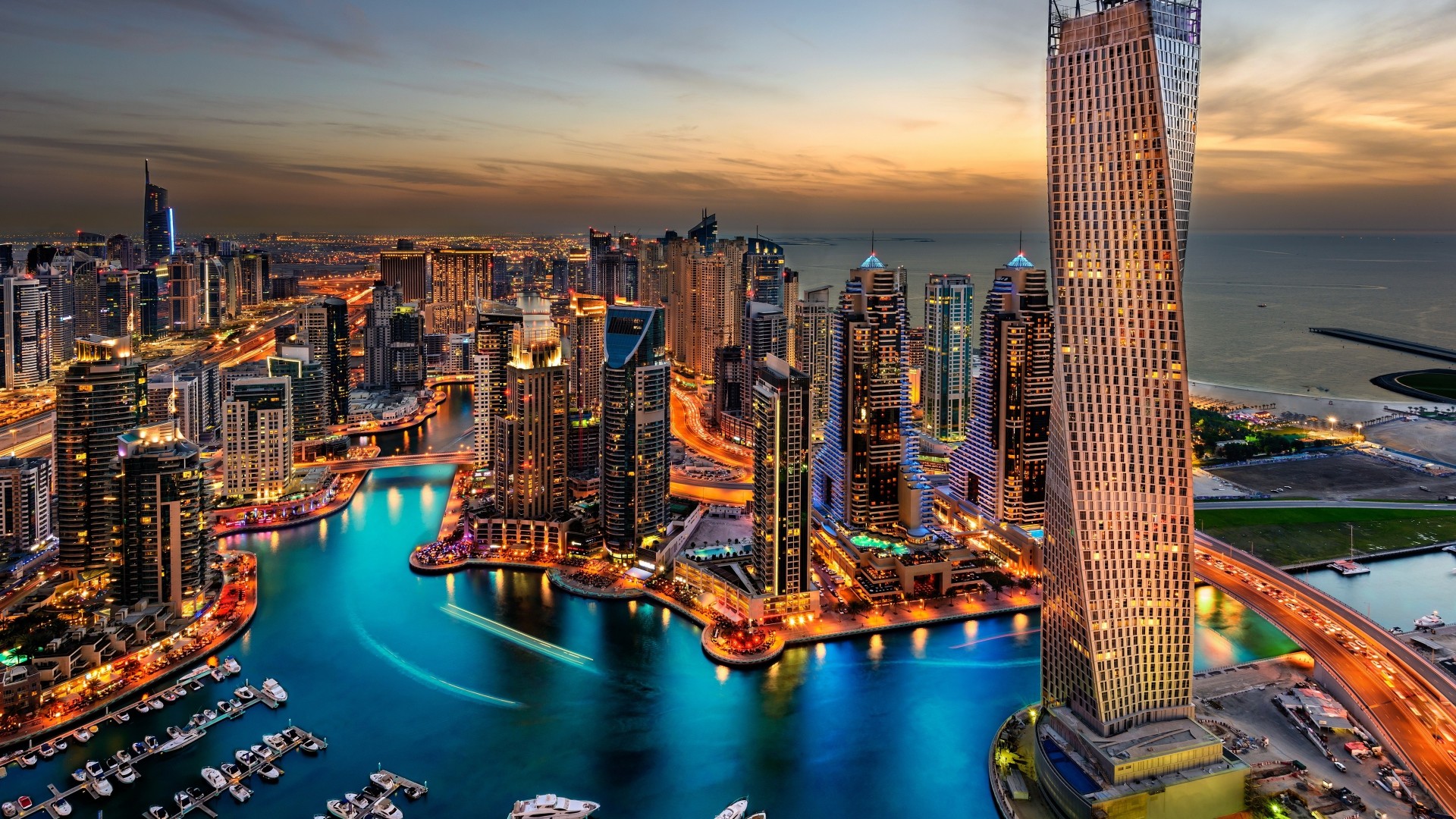 Dubai Marina, Dubai, Cayan Tower, Grattacieli, Crepuscolo, sfondo Full HD per desktop