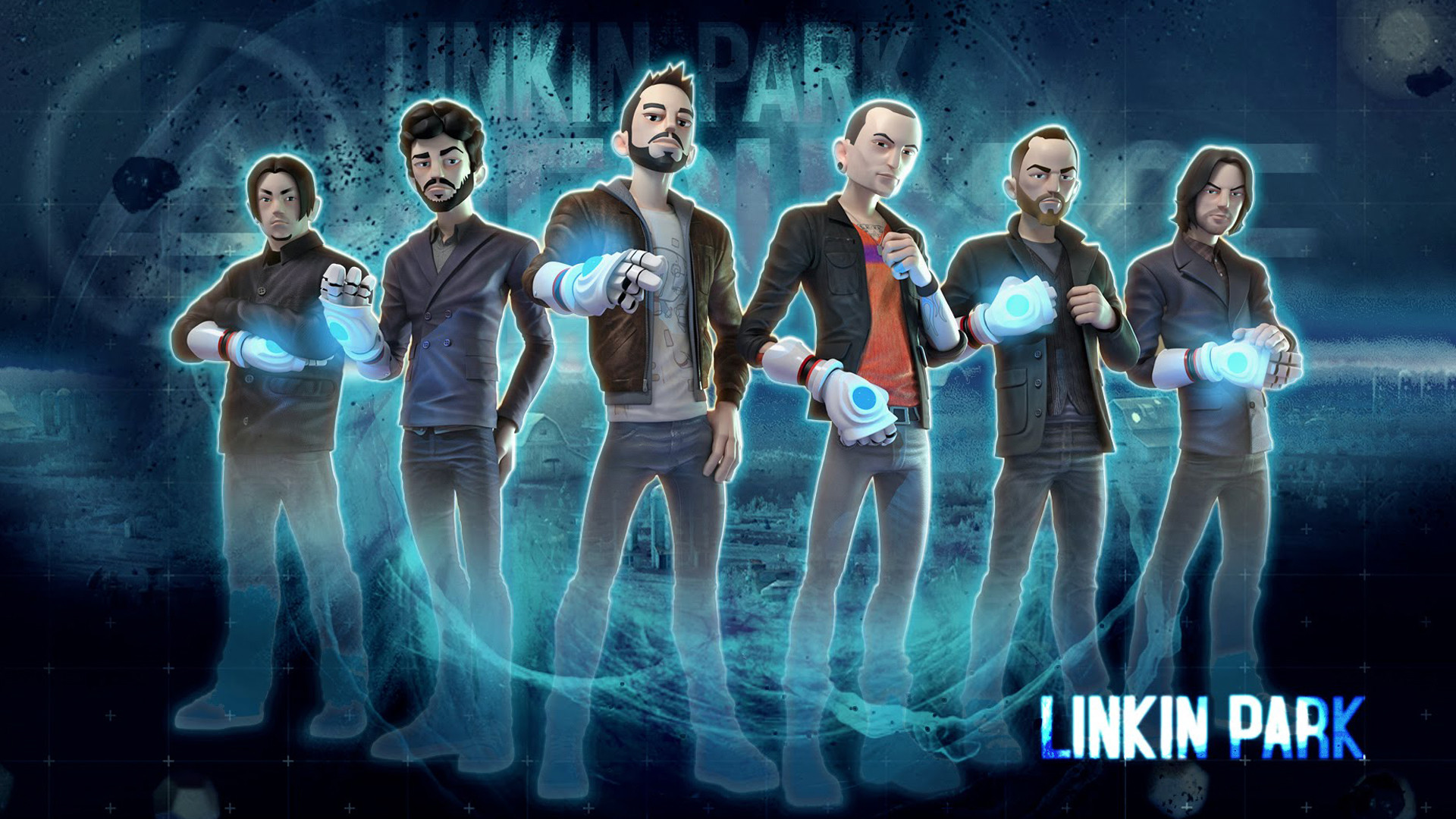 Linkin Park, Chester Bennington, Mike Shinoda, Arte 3D, Azzurro, sfondo widescreen Full HD