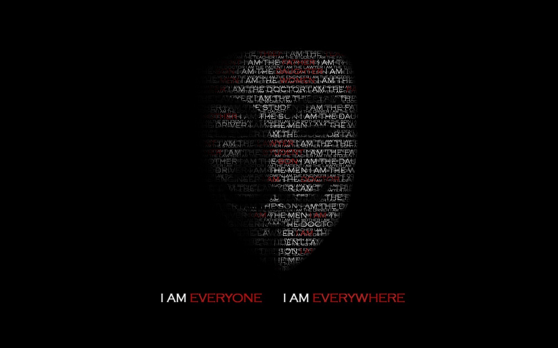 Maschera di Guy Fawkes, I am everyone, Tipografia, Sfondo nero, Full HD, wallpaper per computer
