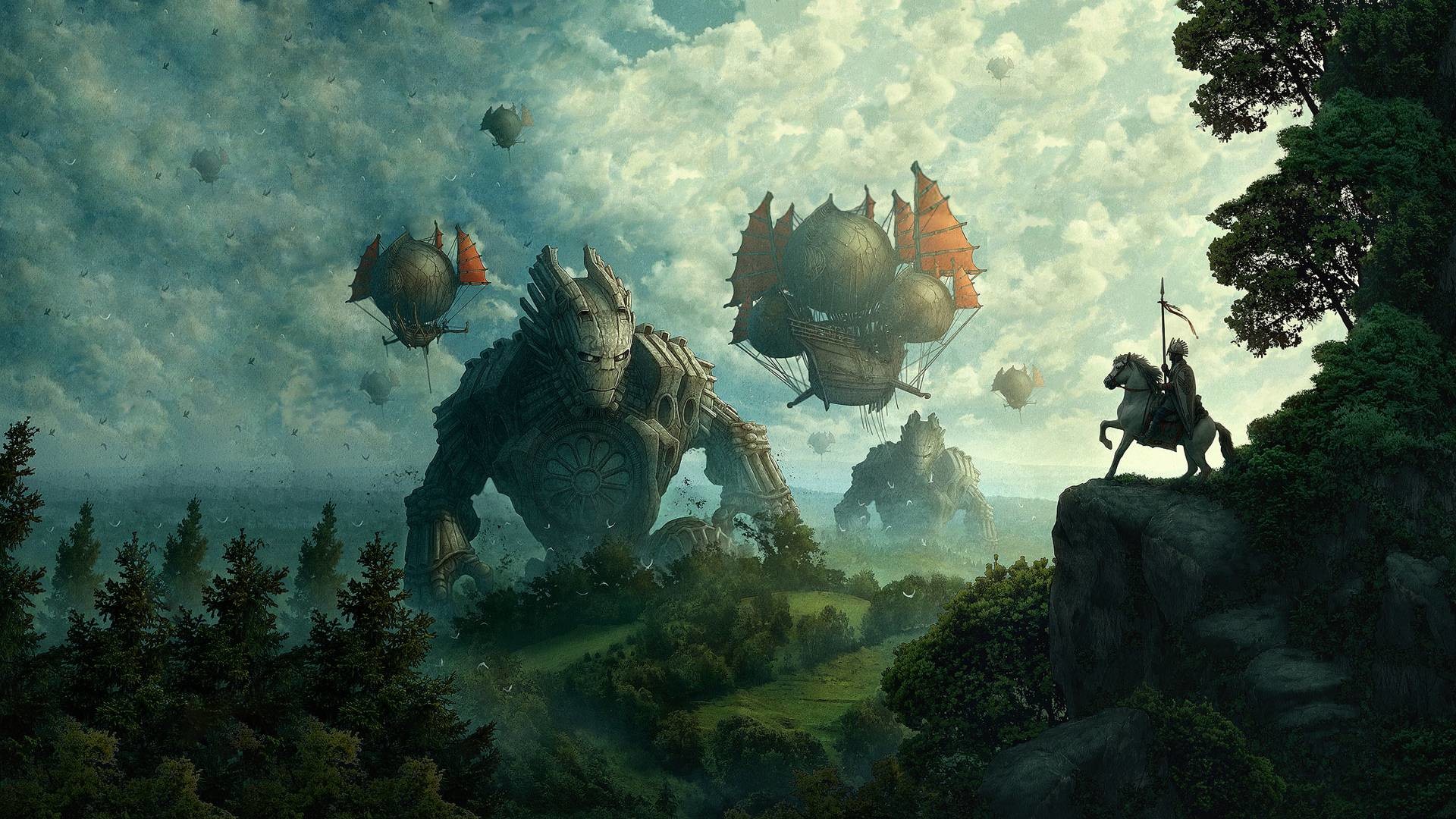 Robot giganti, Dirigibili, Cavaliere, Foresta, 1920x1080, sfondo per PC