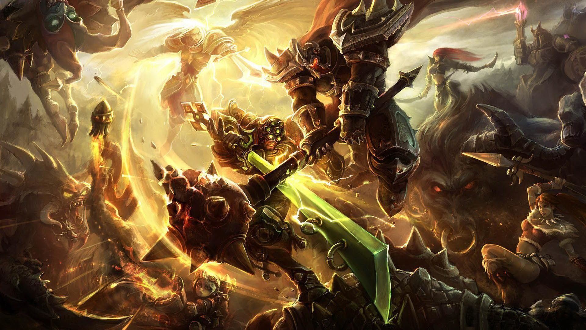 League of Legends, Battaglia, Campioni, Dorato, Full HD, sfondo desktop