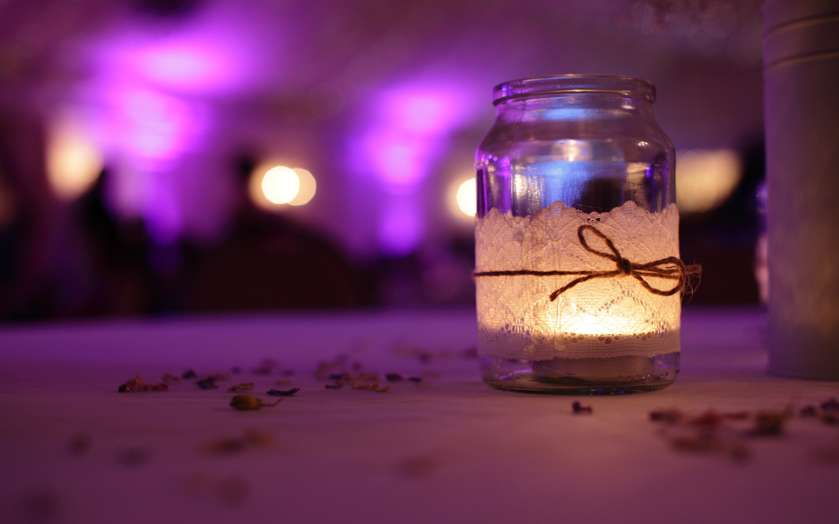 Barattolo, Candela, Decorazione nuziale, Viola, Bokeh, 2K, sfondo per portatile