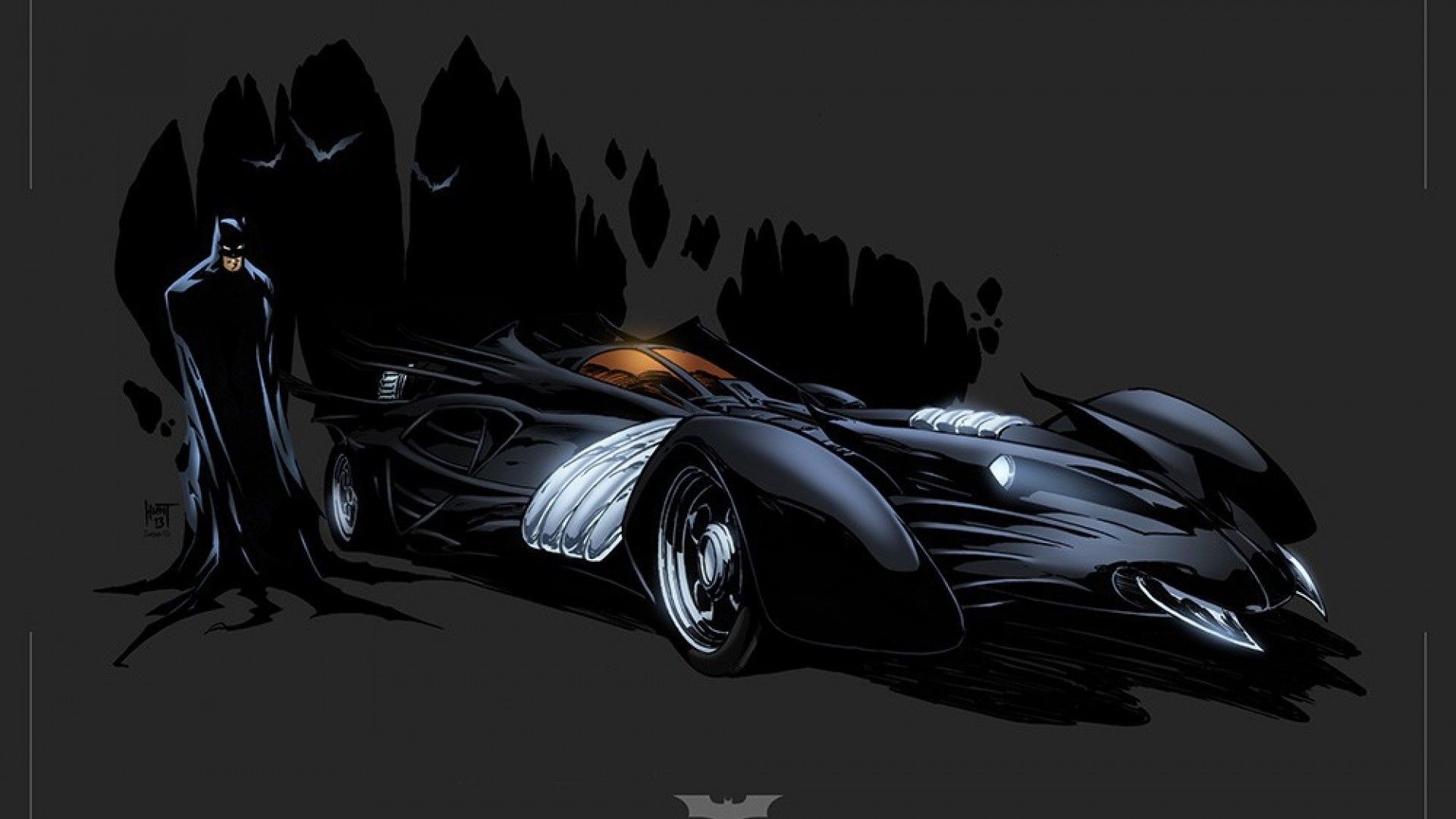 Batman, Batmobile, Illustrazione, Pipistrelli, 1920x1080, wallpaper desktop