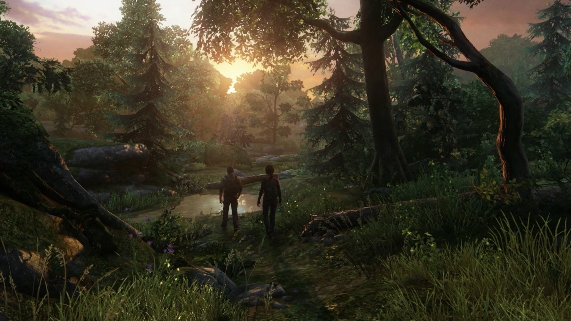 The Last of Us, Joel, Ellie, Foresta, Tramonto, 1920x1080, immagine di sfondo