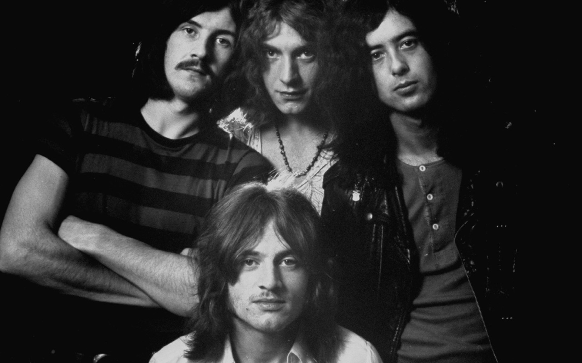 Led Zeppelin, John Bonham, Robert Plant, Jimmy Page, John Paul Jones, Bianco e nero, sfondo Full HD