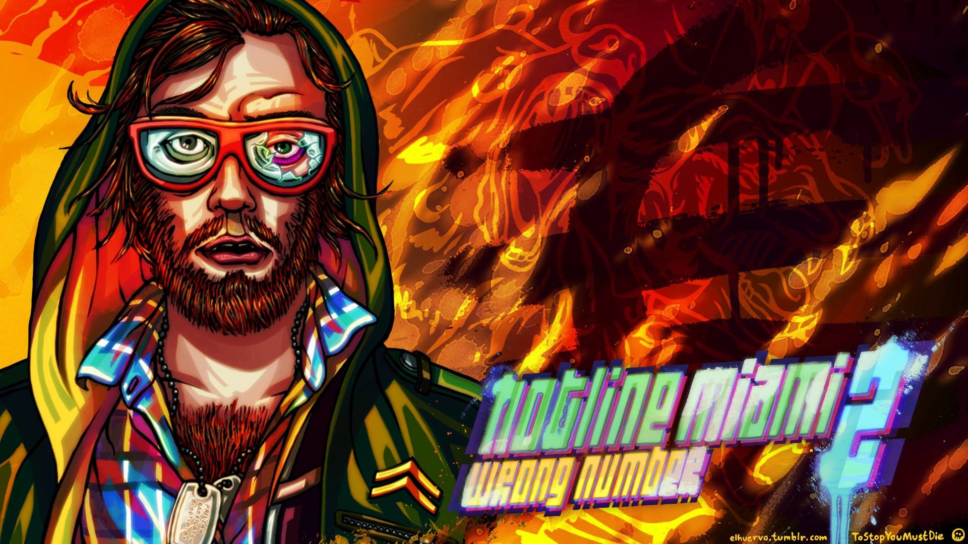 Hotline Miami 2: Wrong Number, Logo, Ritratto, Occhiali, Fiamme, sfondo desktop 1920x1080