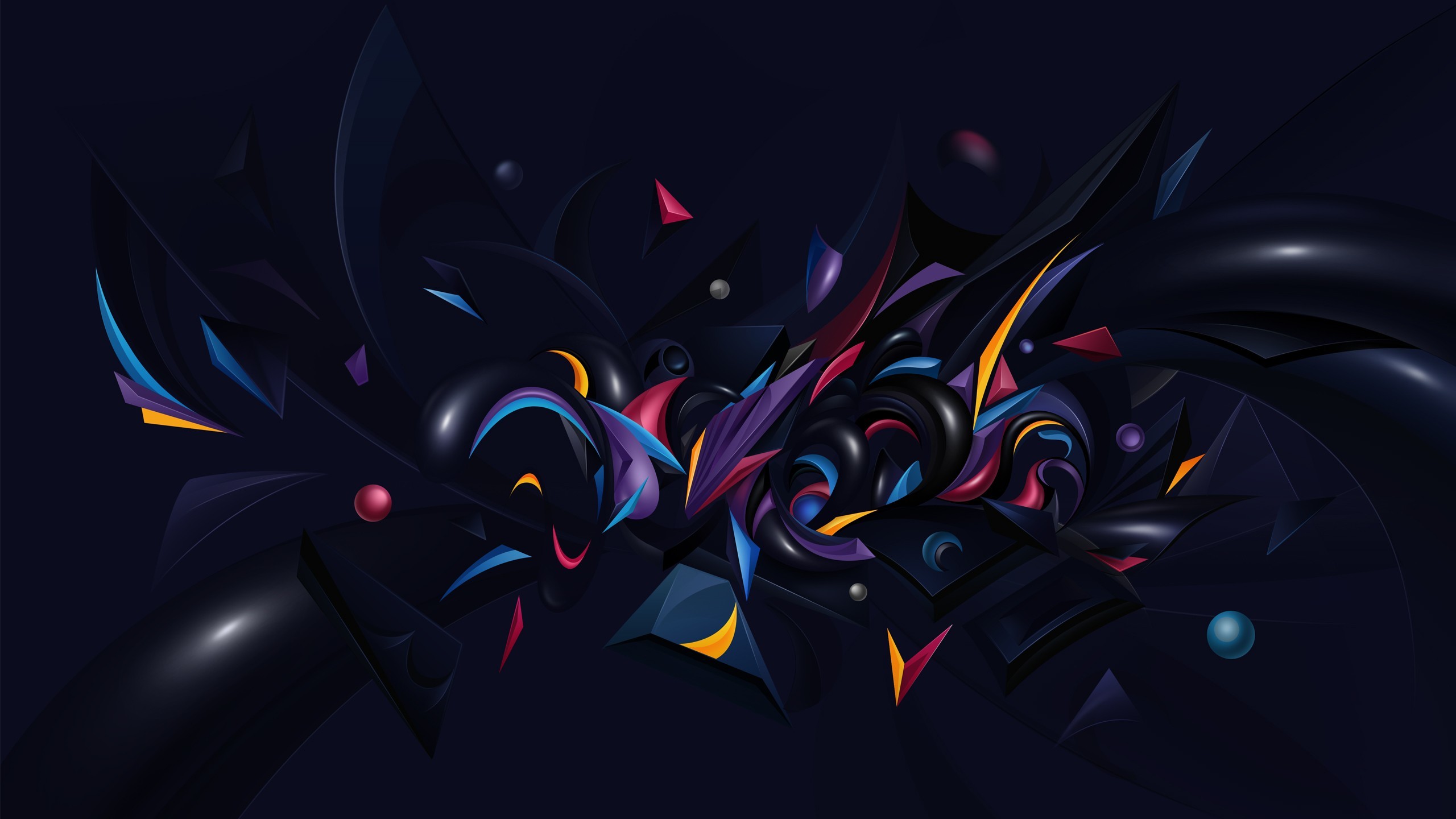 Forme 3D, Sfondo scuro, Colori vivaci, 16:9 2K, wallpaper widescreen