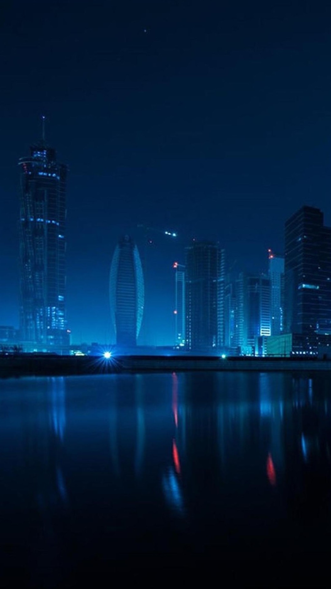 Città notturna, Grattacieli, Riflesso, Blu, Full HD, wallpaper per smartphone