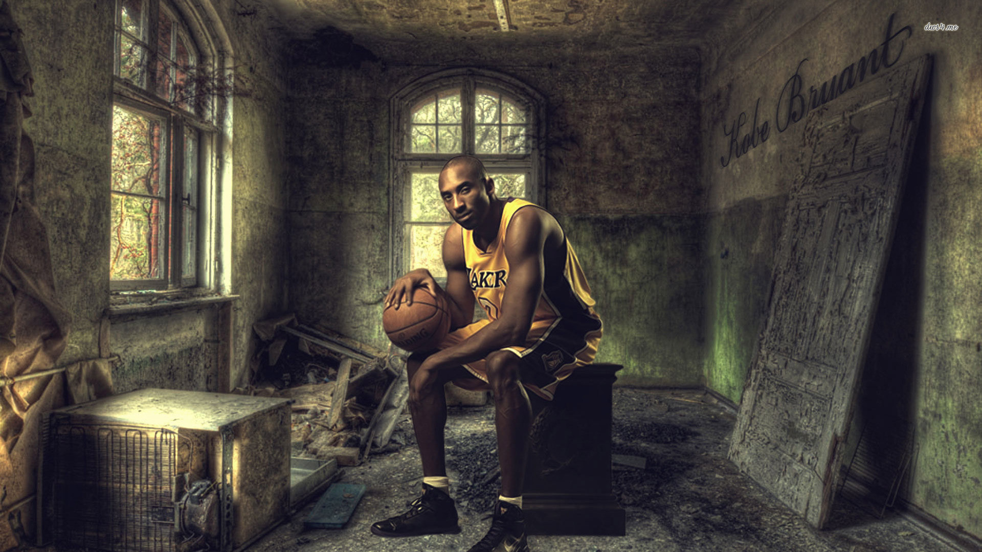 Kobe Bryant, Stanza abbandonata, HDR, Pallone da basket, Full HD, sfondo Windows 11