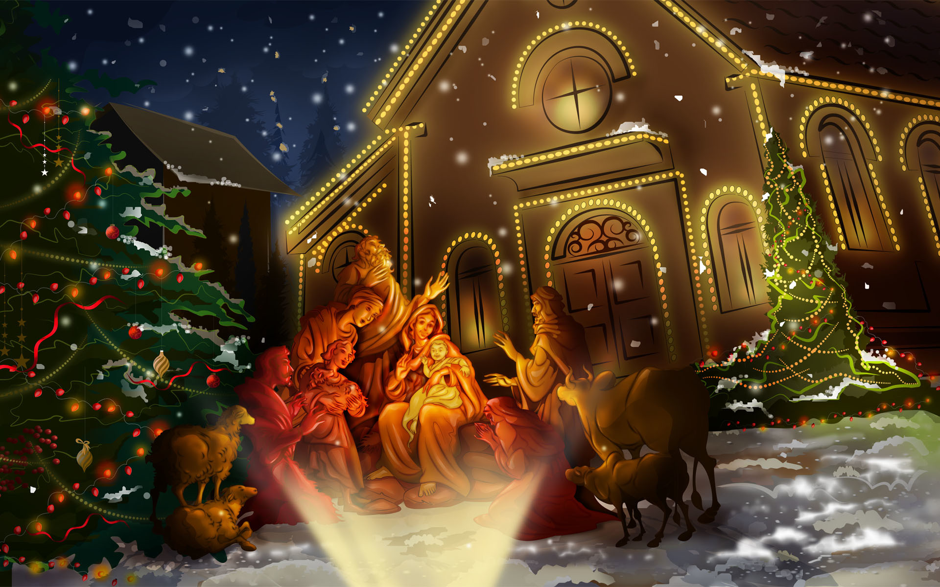 Presepe, Natività, Gesù Bambino, Chiesa illuminata, Albero di Natale, sfondo widescreen Full HD