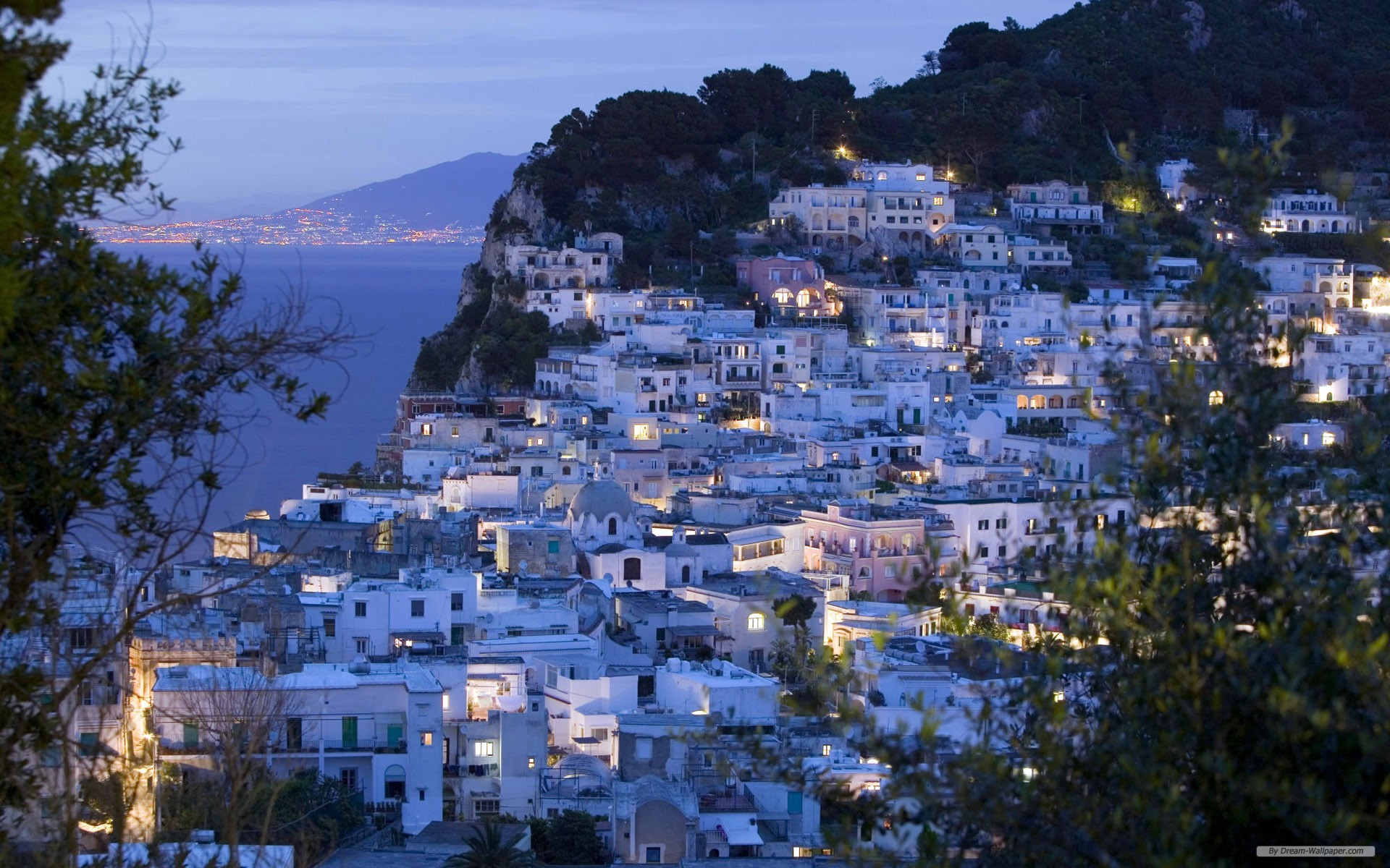 Capri, Italia, Crepuscolo, Case bianche, Costa, 16:10 Full HD, sfondo widescreen