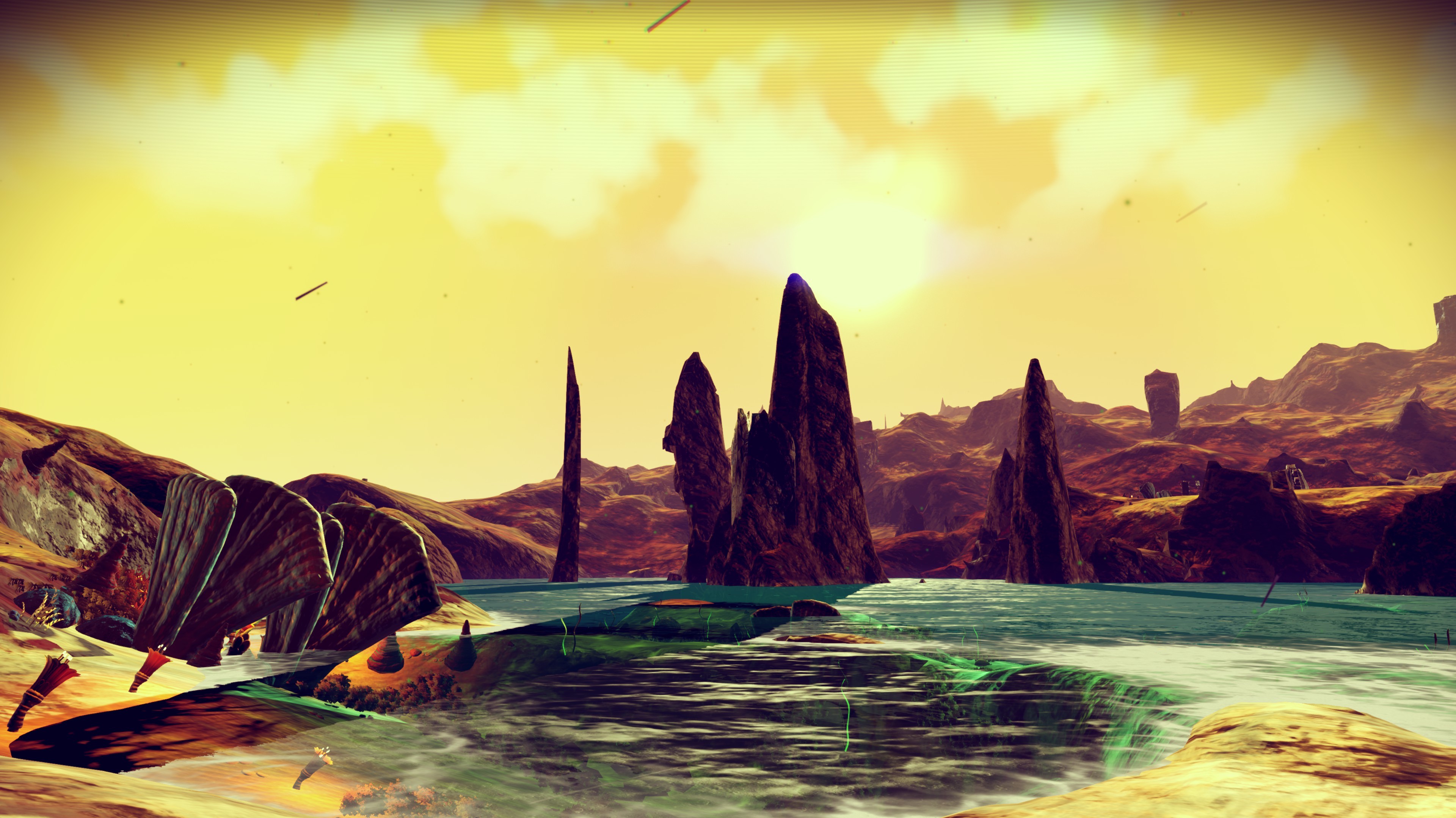 No Man's Sky, Lago, Pinnacoli rocciosi, Cielo giallo, 16:9 4K, sfondo widescreen