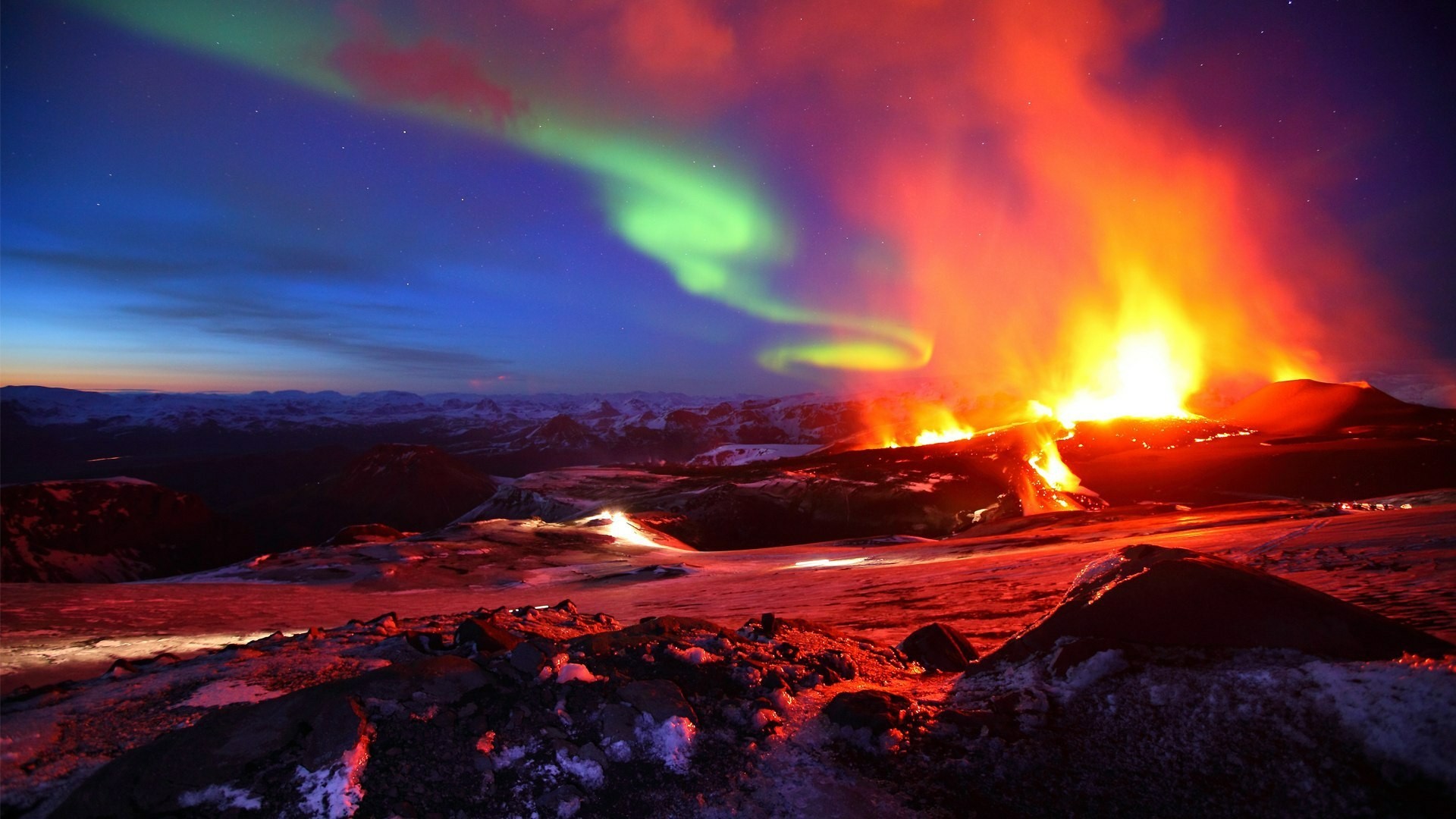Islanda, Eruzione vulcanica, Aurora boreale, Lava, 1920x1080, immagine di sfondo