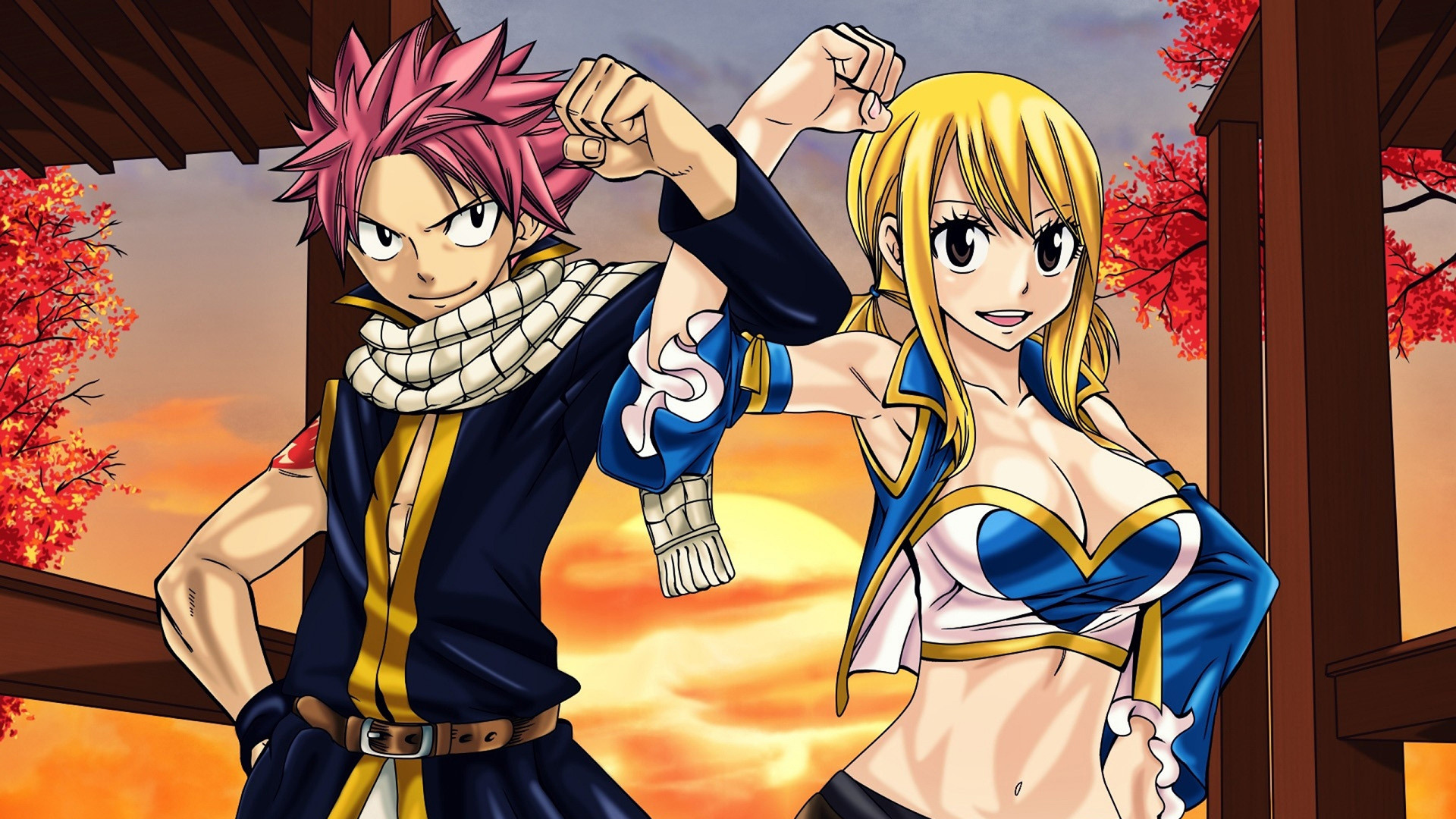 Natsu Dragneel, Lucy Heartfilia, Fairy Tail, Tramonto, Foglie rosse, sfondo desktop Full HD