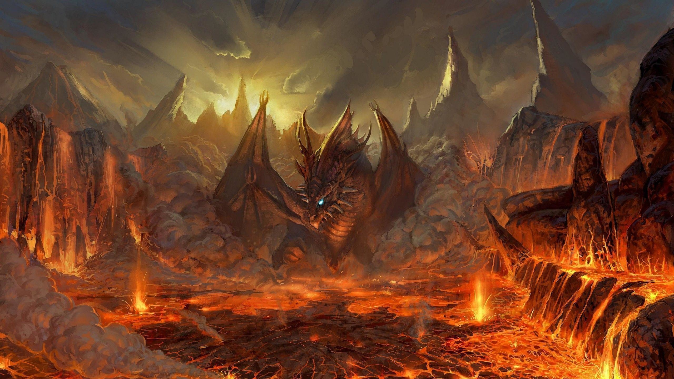 Drago, Lava, Paesaggio infernale, Fantasy, Montagne, 2K 1440p, sfondo desktop