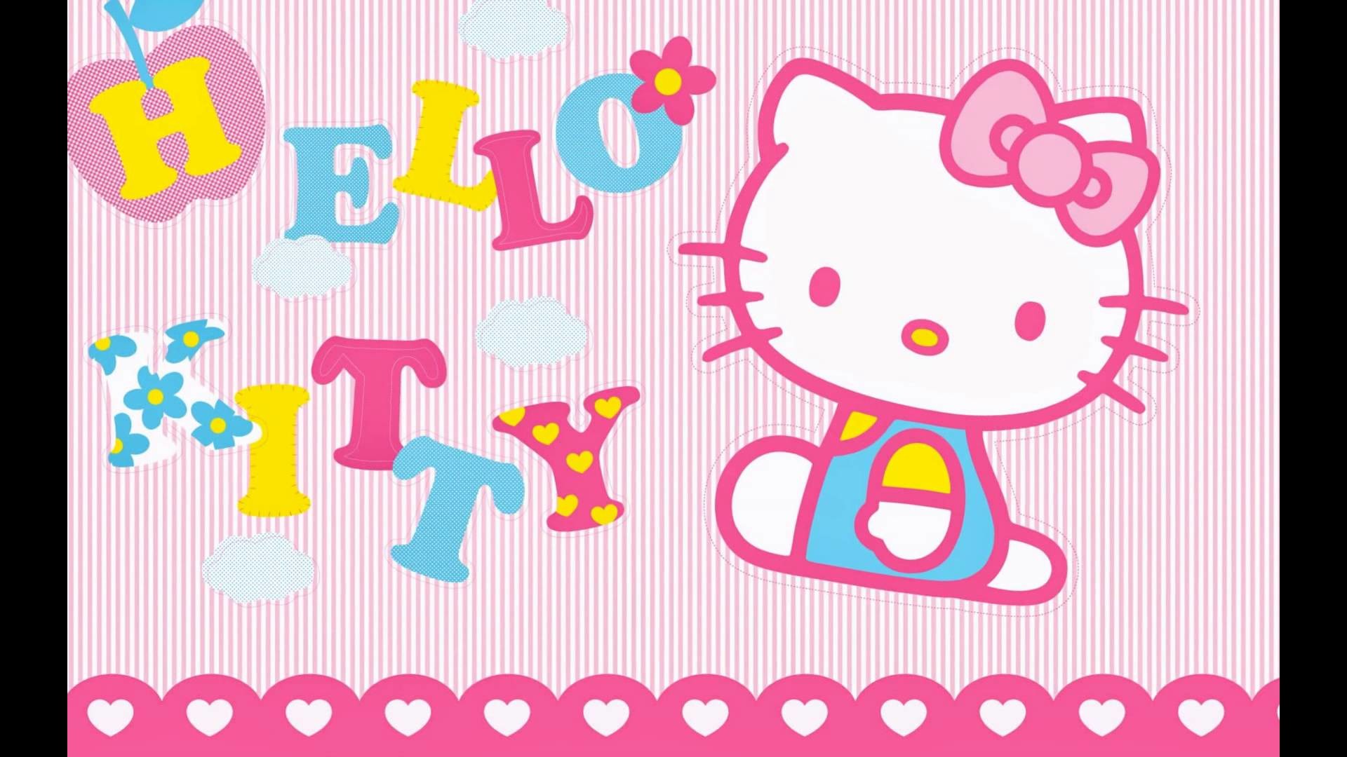 Hello Kitty, Scritta colorata, Righe rosa, Cuori, Sanrio, Full HD, sfondo desktop