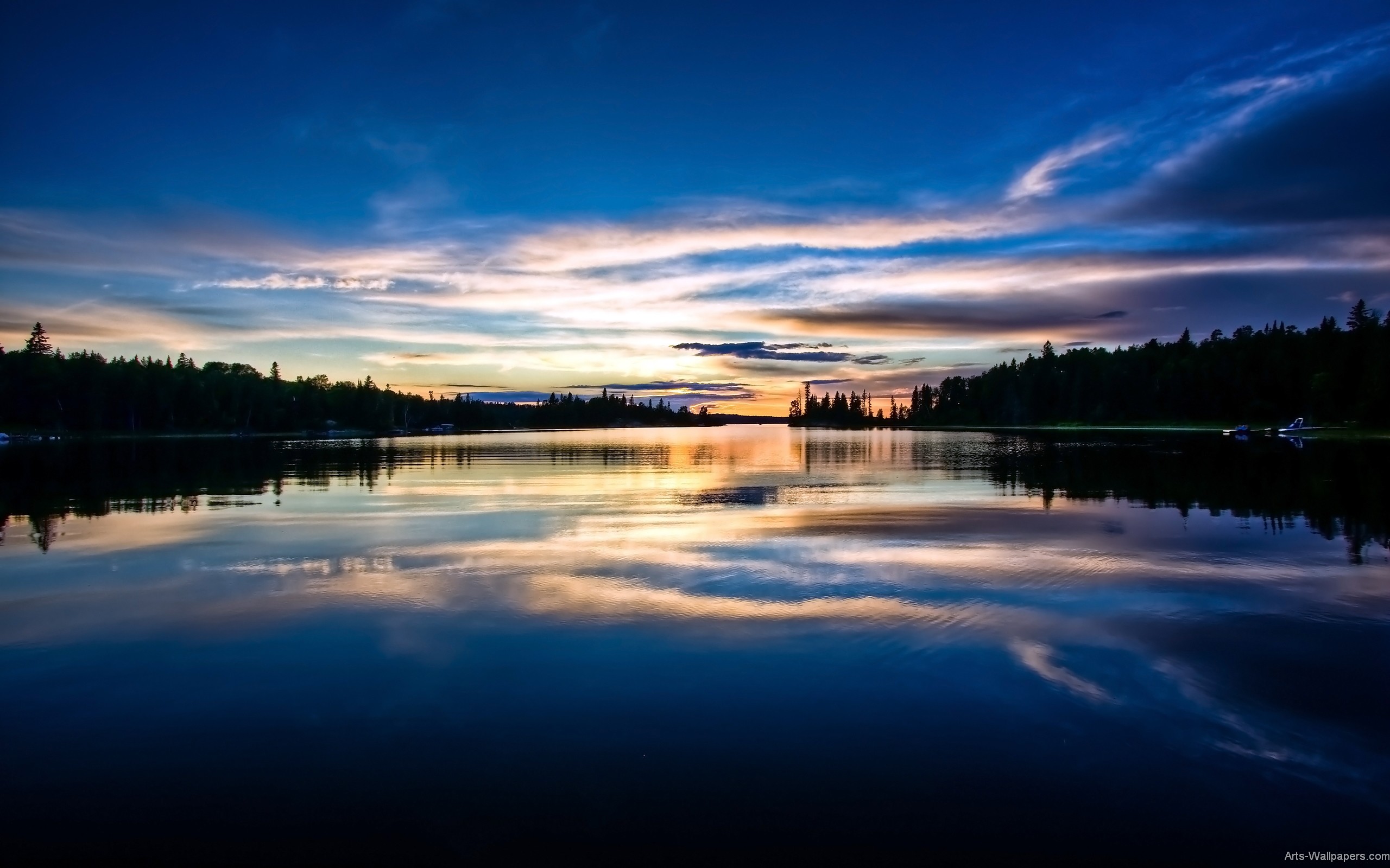 Lago, Tramonto, Riflesso, Foresta, 2K, wallpaper per portatile