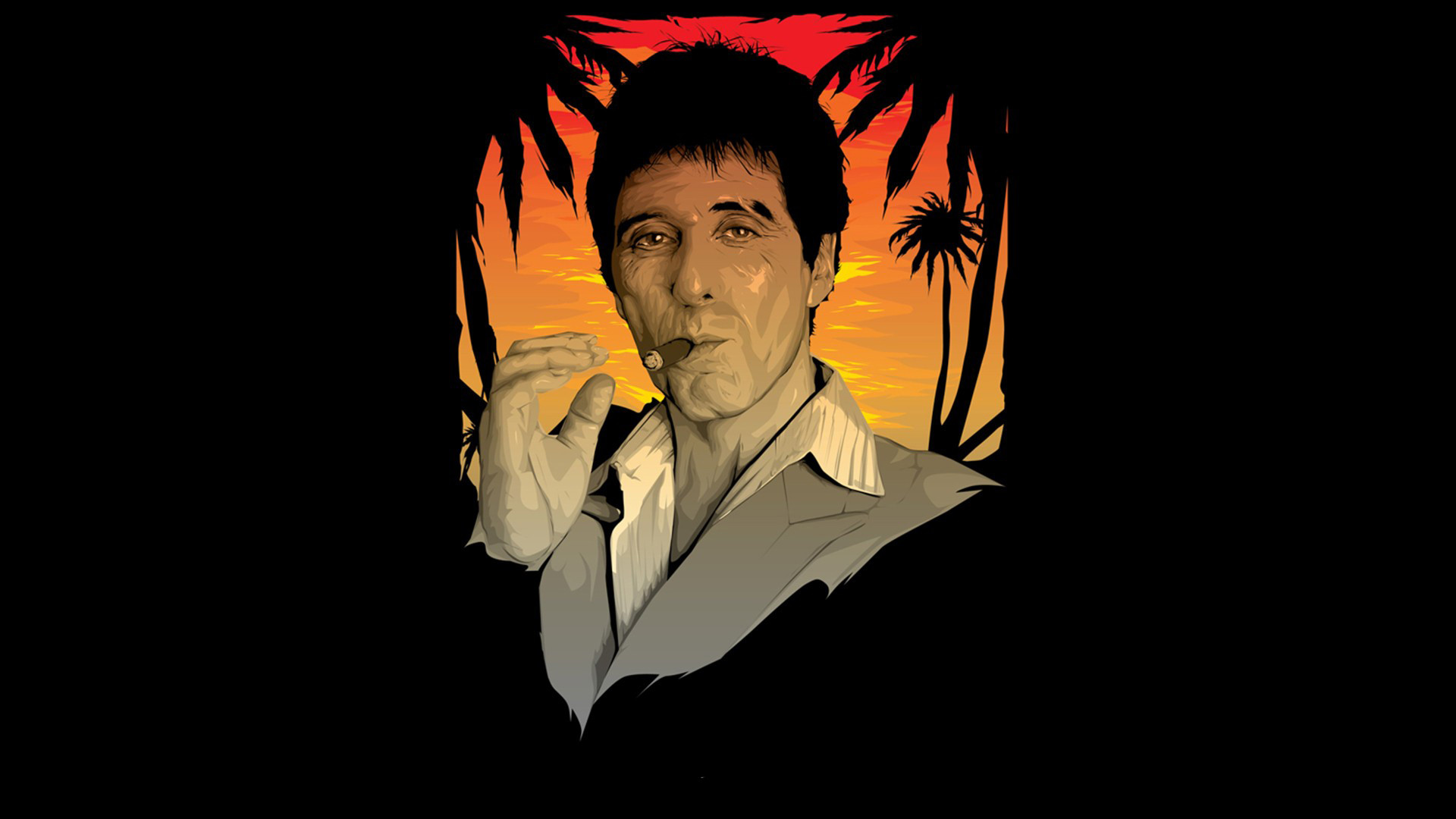 Tony Montana, Scarface, Al Pacino, Illustrazione, Palme, Tramonto, sfondo per portatile