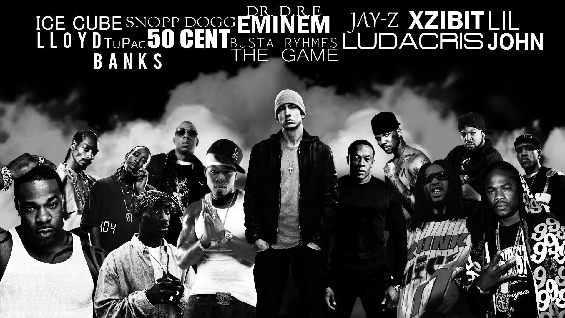 Eminem, 50 Cent, Snoop Dogg, Dr. Dre, Ice Cube, Xzibit, Ludacris, Rapper, Bianco e nero, sfondo 1080p