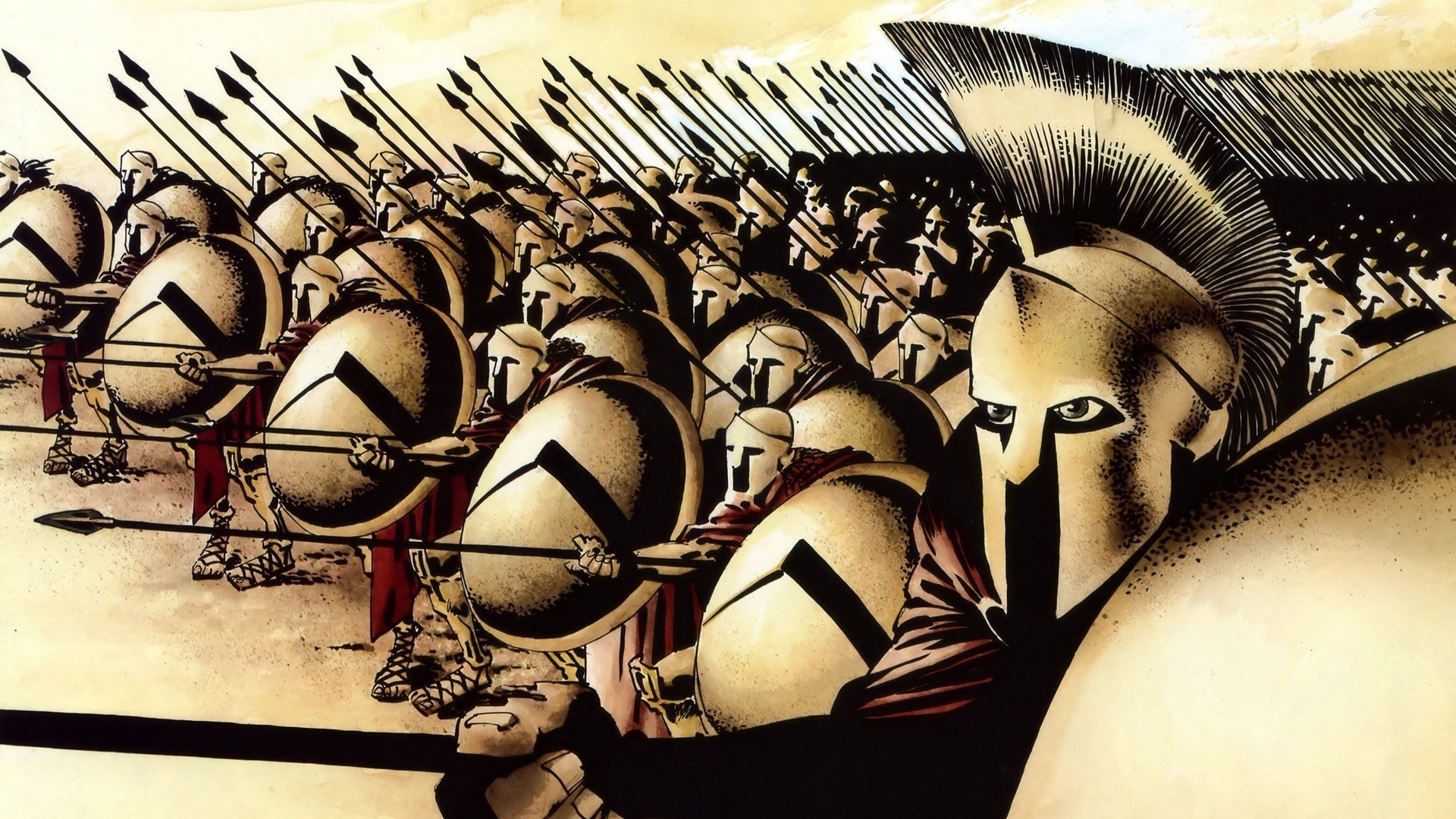300, Spartani, Scudi, Lance, Illustrazione, 1920x1080, wallpaper desktop