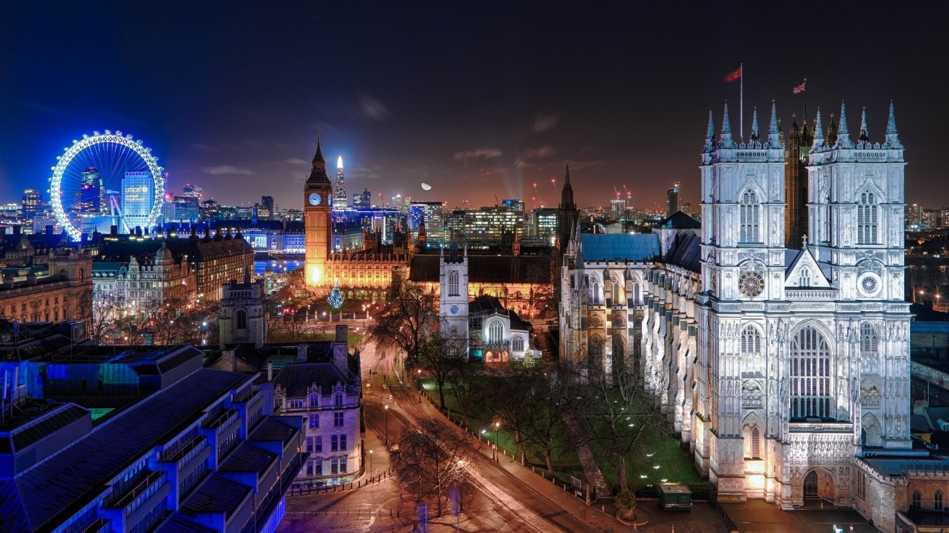 Abbazia di Westminster, London Eye, Big Ben, Londra, Notte, Full HD, sfondo desktop