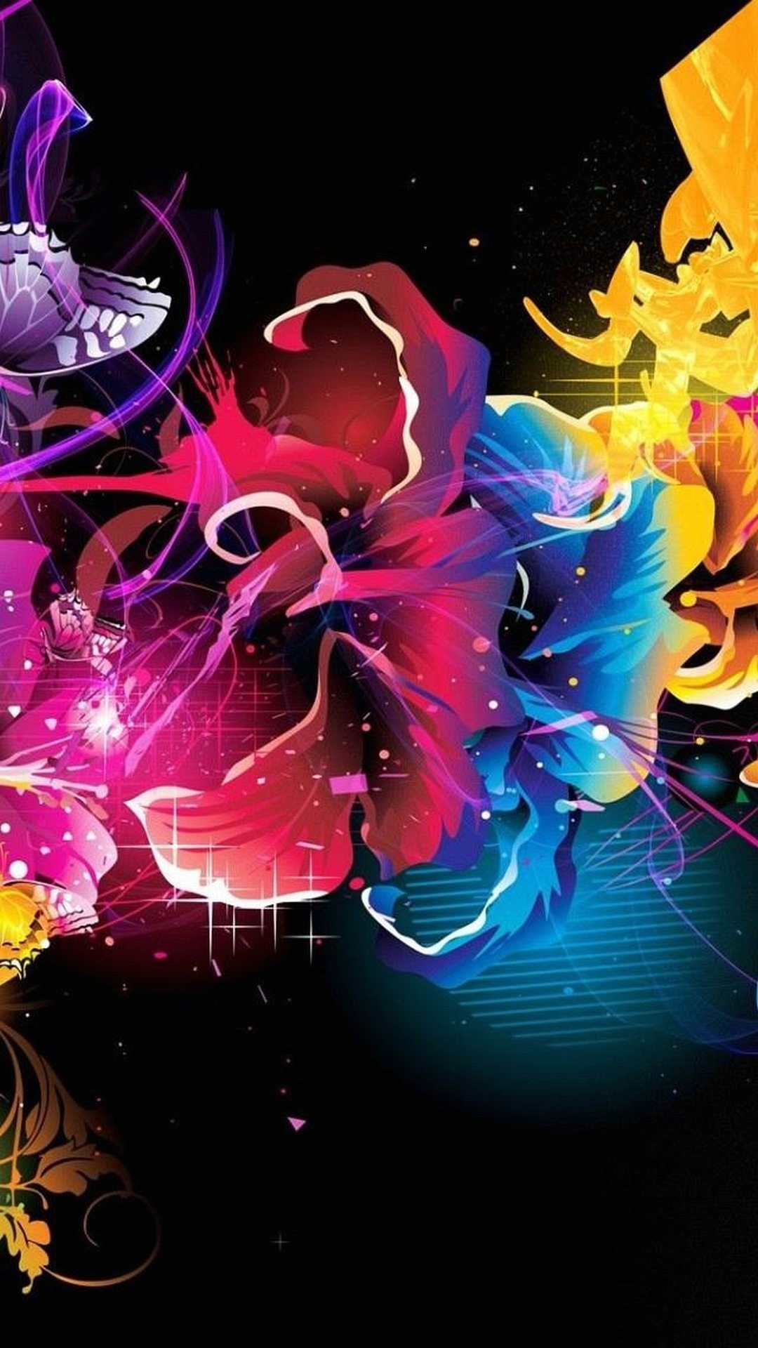 Fiori astratti, Arte digitale, Multicolore, Sfondo nero, schermata di blocco dello smartphone