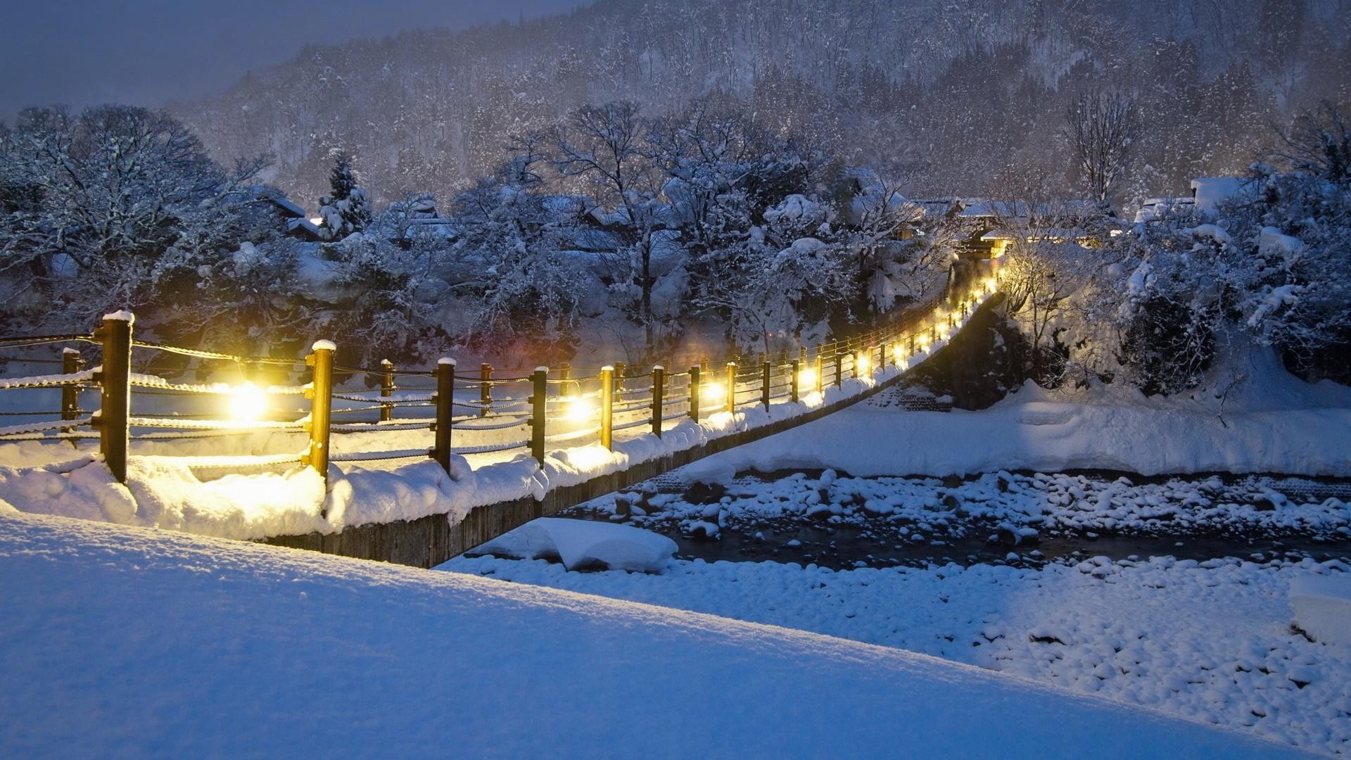 Ponte, Lanterne, Fiume, Neve, Crepuscolo, 1920x1080, immagine di sfondo