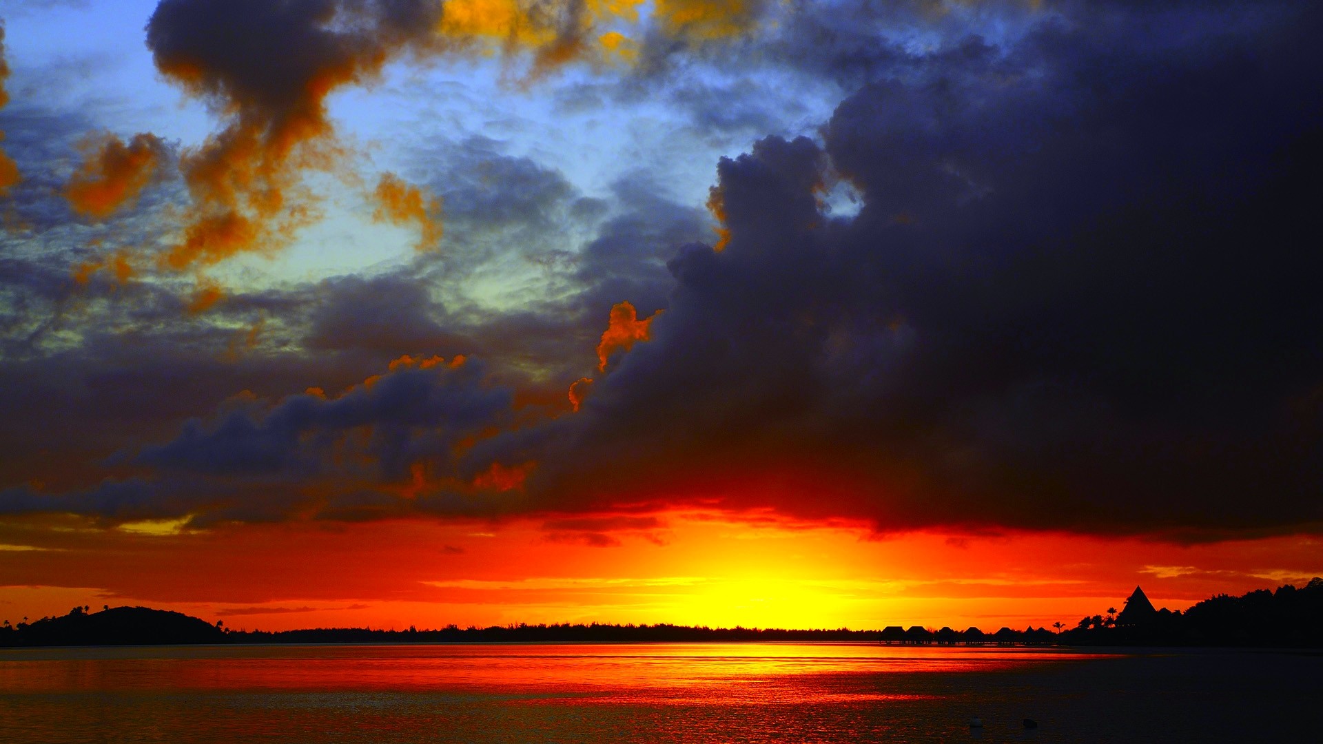 Bora Bora, Tramonto, Nuvole, Cielo arancione, 16:9 Full HD, wallpaper widescreen