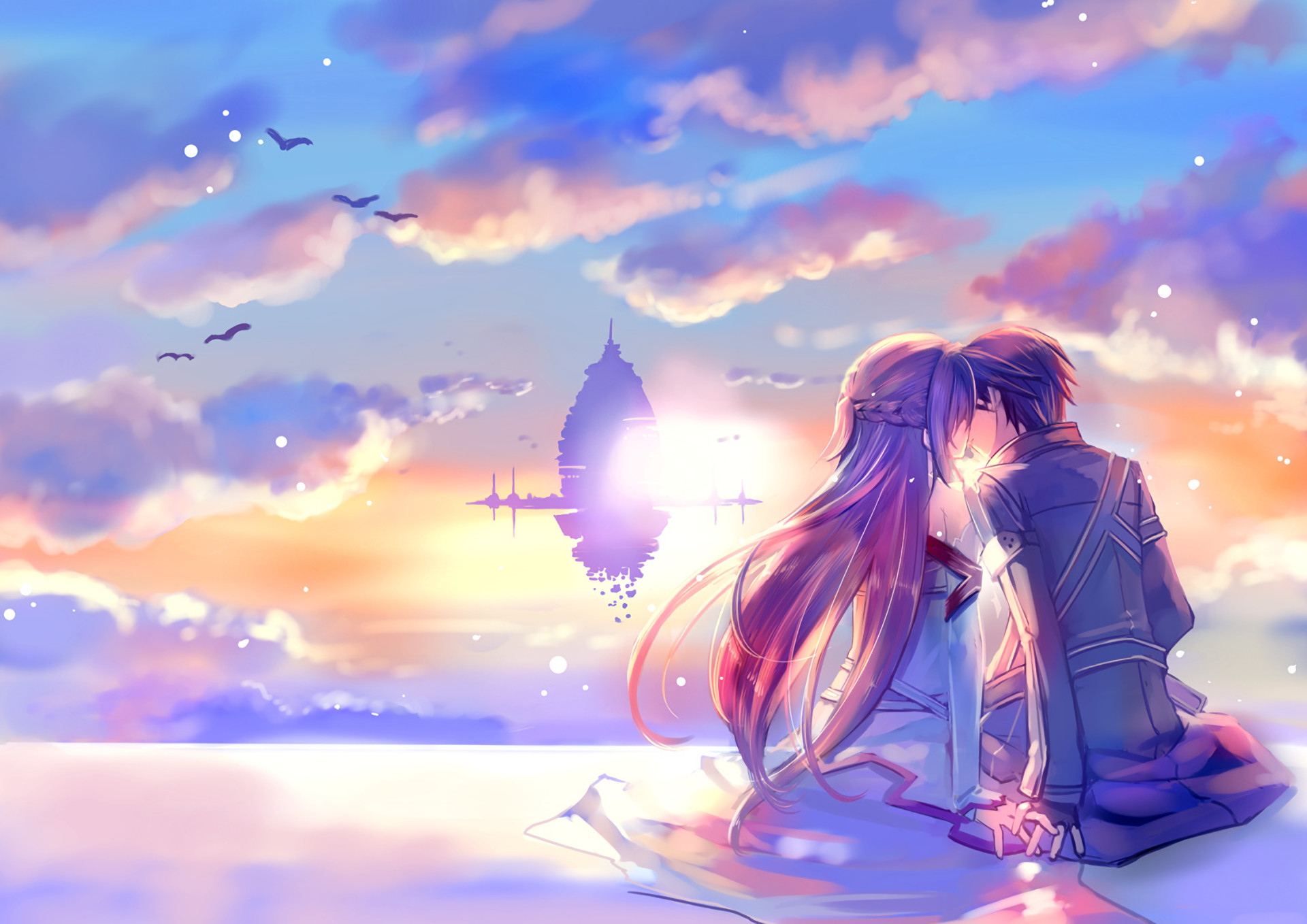 Kirito, Asuna, Sword Art Online, Bacio, Aincrad, Cielo al tramonto, sfondo Full HD per PC