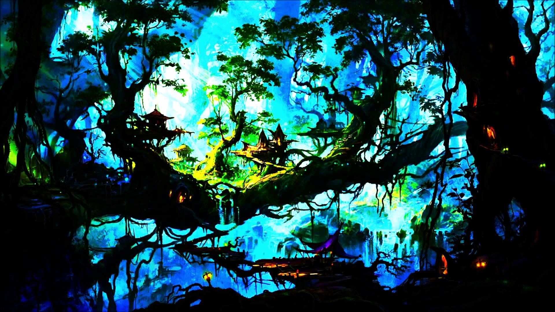 Foresta fantasy, Arte digitale, Blu, Psichedelico, Full HD, sfondo per portatile