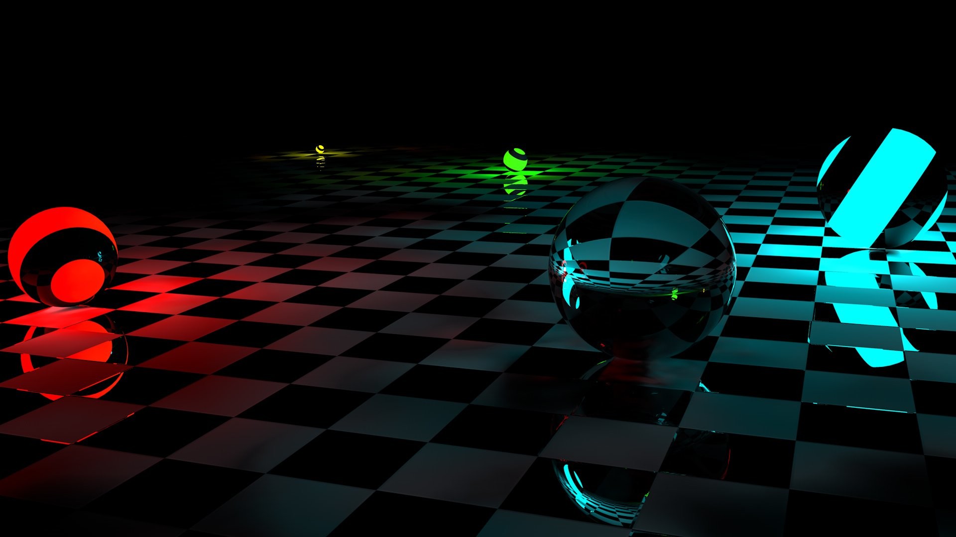 Sfere di vetro, Scacchiera, Neon, Rendering 3D, Full HD, sfondo per portatile