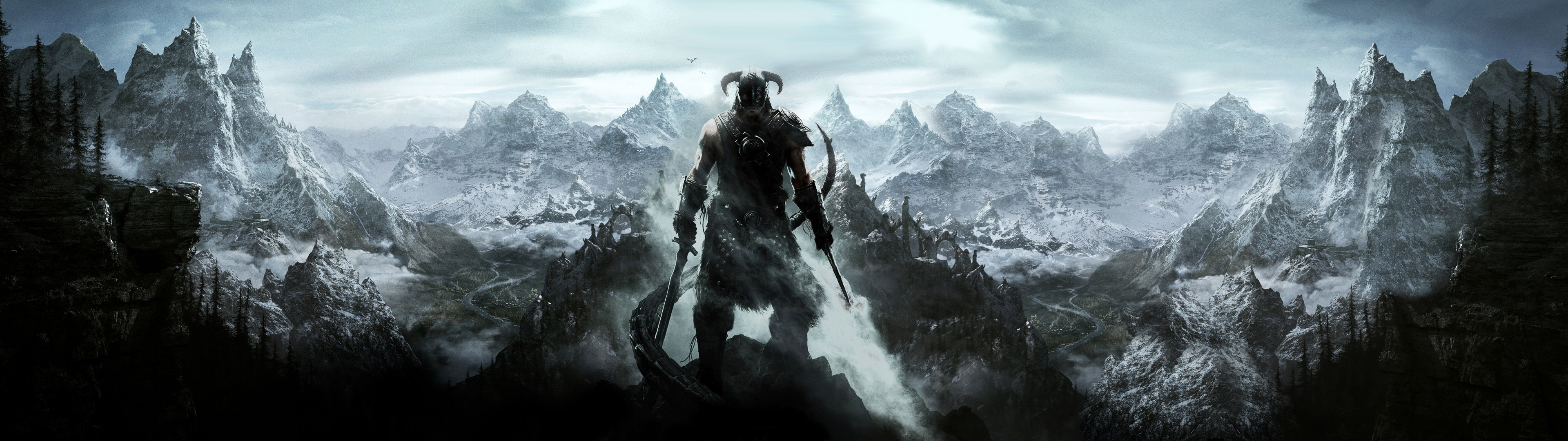 Dovahkiin, The Elder Scrolls V: Skyrim, Panorama, Montagne innevate, sfondo ultrawide 32:9