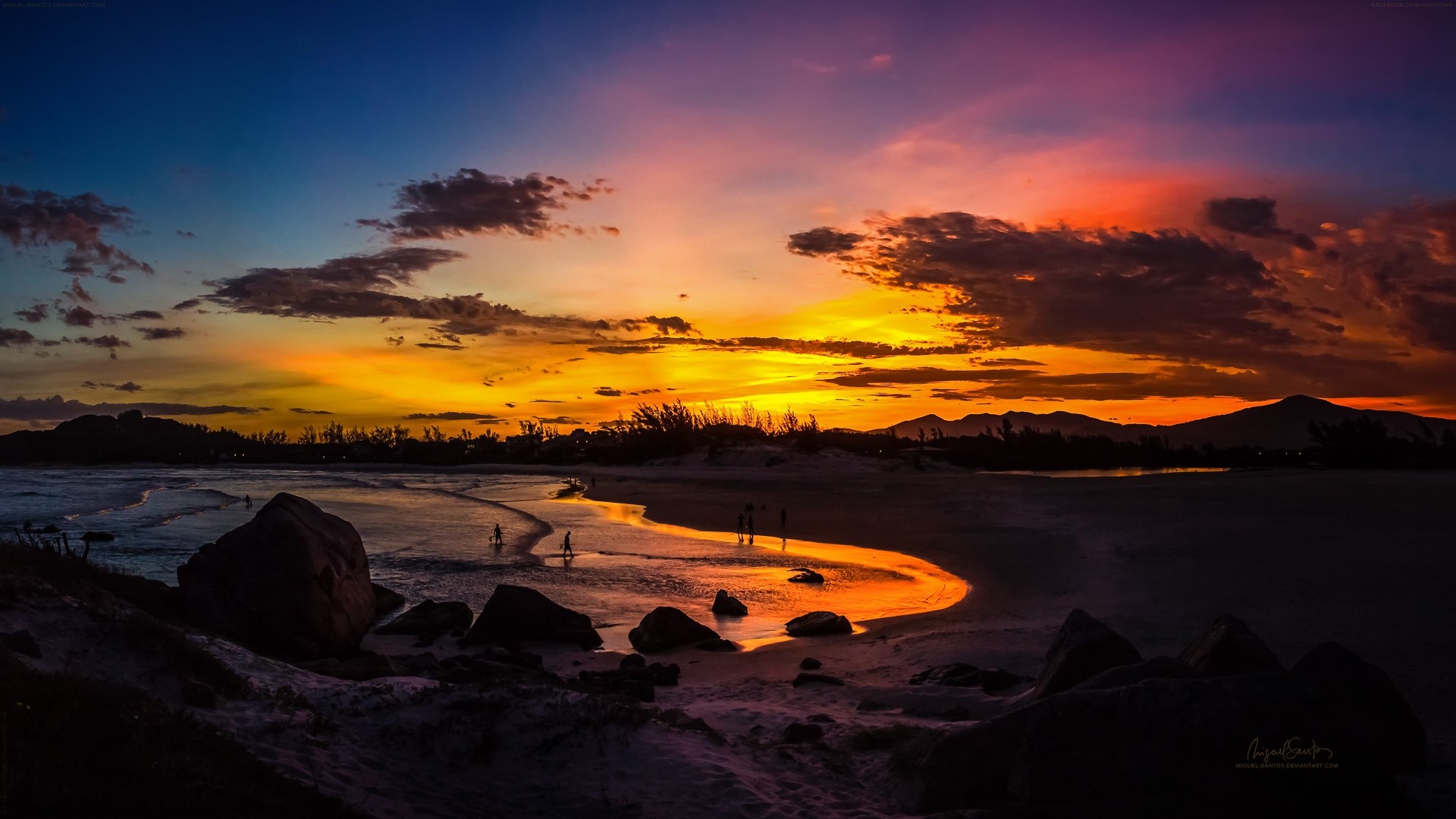 Tramonto, Spiaggia, Cielo arancione, Nuvole, Full HD, wallpaper per PC