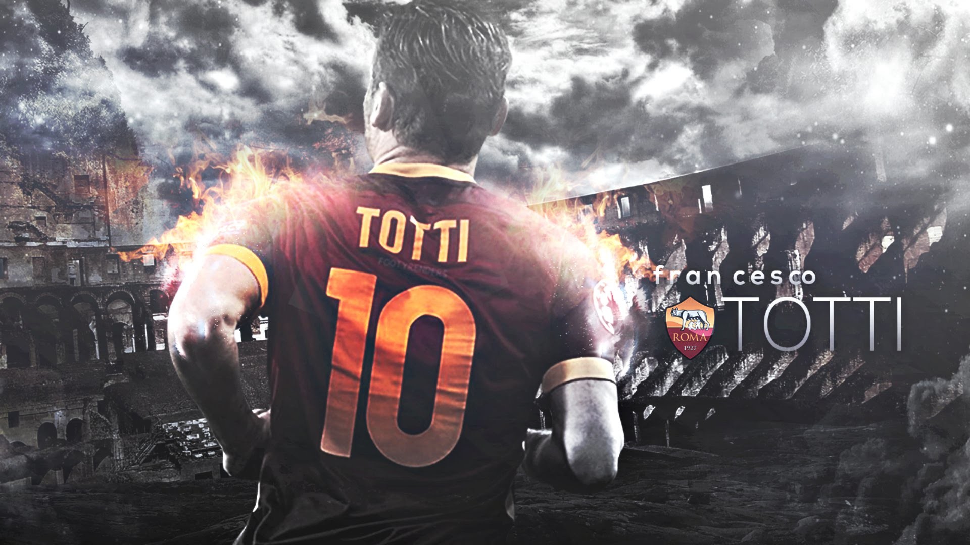 Francesco Totti, AS Roma, Numero 10, Colosseo, Fiamme, Full HD, wallpaper per computer