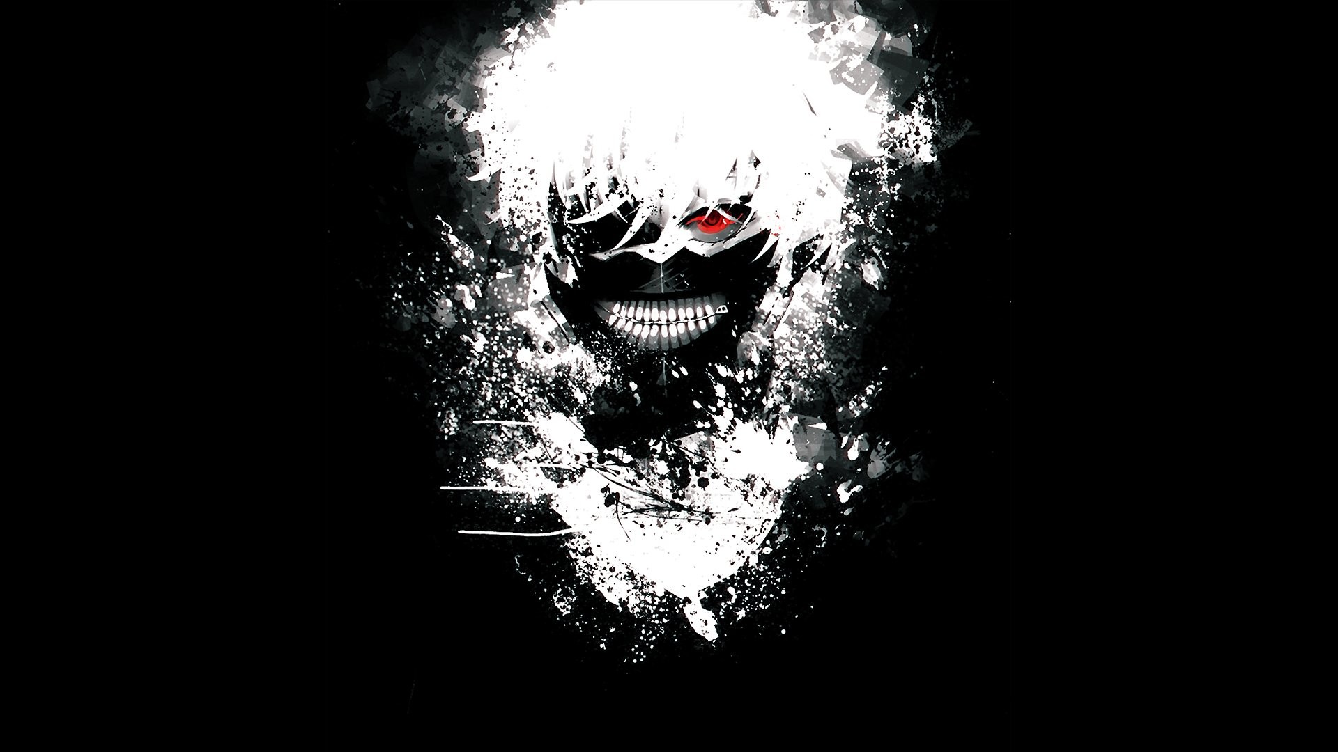 Ken Kaneki, Tokyo Ghoul, Maschera, Sfondo nero, Splatter, 16:9 Full HD, wallpaper widescreen