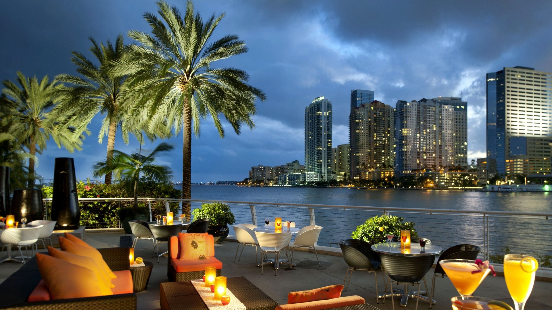 Brickell Key, Miami, Terrazza, Palme, Cocktail, 16:9 Full HD, sfondo widescreen