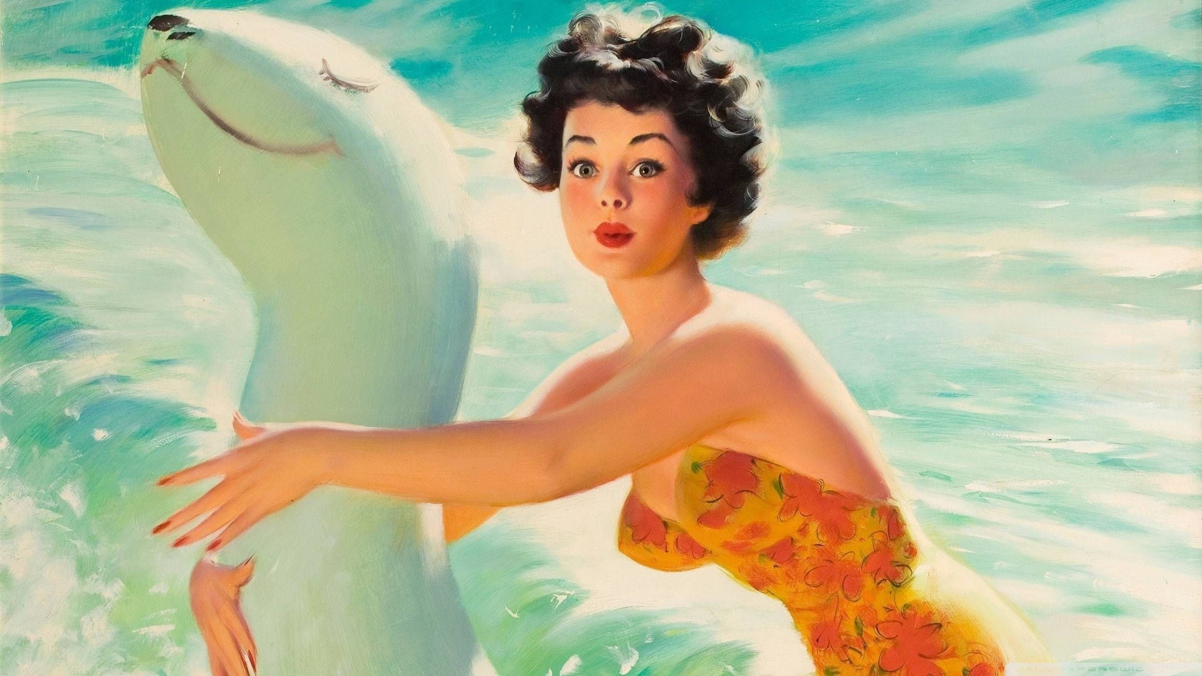 Pin-up, Foca, Mare, Costume da bagno, Dipinto, 16:9 Full HD, sfondo widescreen