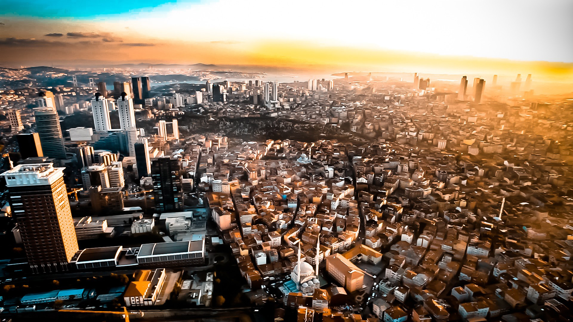 Città, Vista aerea, Tramonto, Grattacieli, Full HD, wallpaper per computer