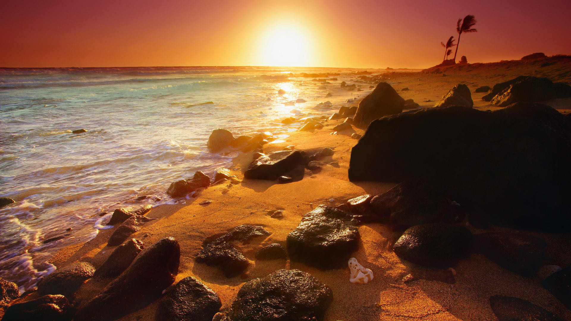 Tramonto, Scogli, Spiaggia, Sole, Full HD 1080p, sfondo desktop